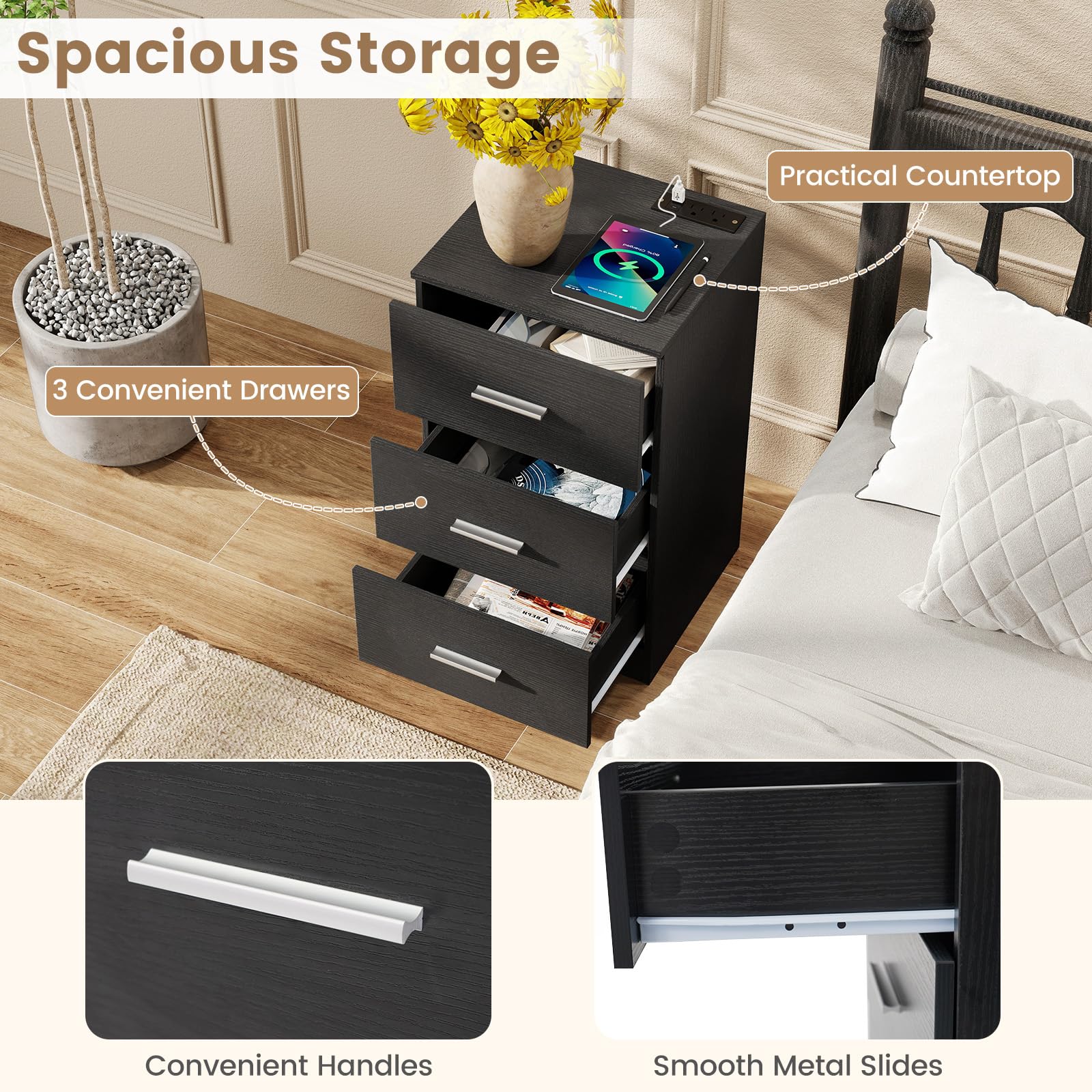 KOMFOTT 3-Drawer Nightstand Modern Drawer Organizer
