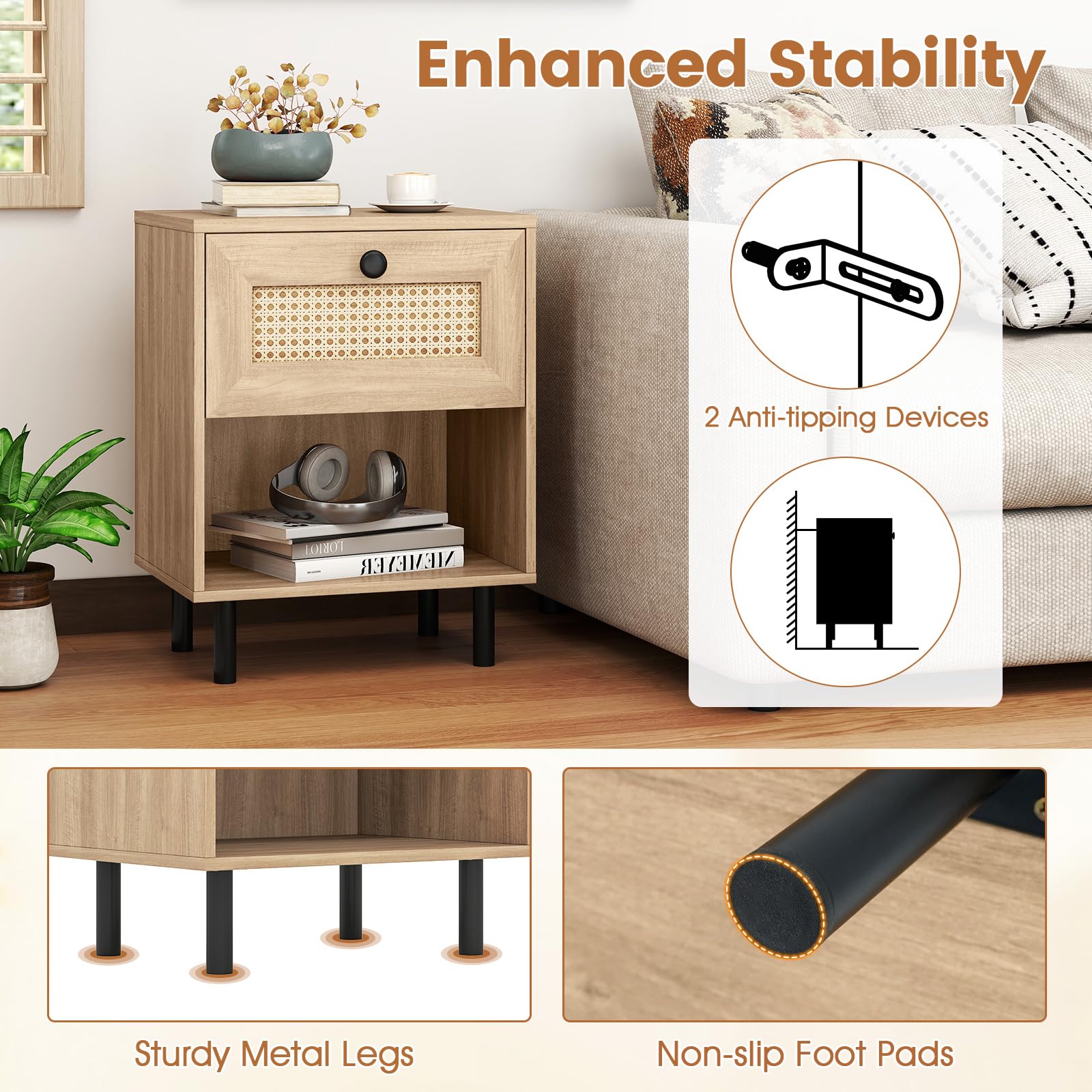 KOMFOTT Rattan Nightstand with Drawer Boho Bedside Table