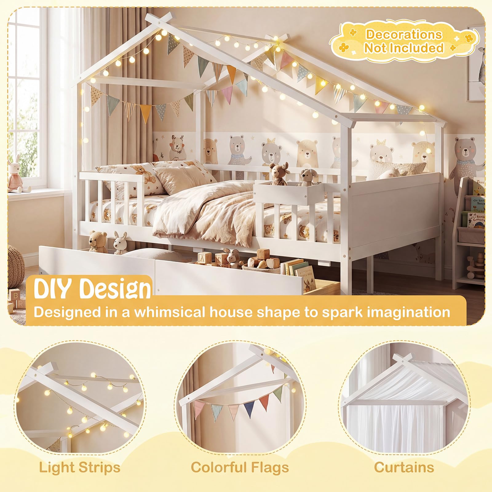 KOMFOTT Full Size House Bed for Kids with 2 Rolling Drawers & Roof & Fence Rails