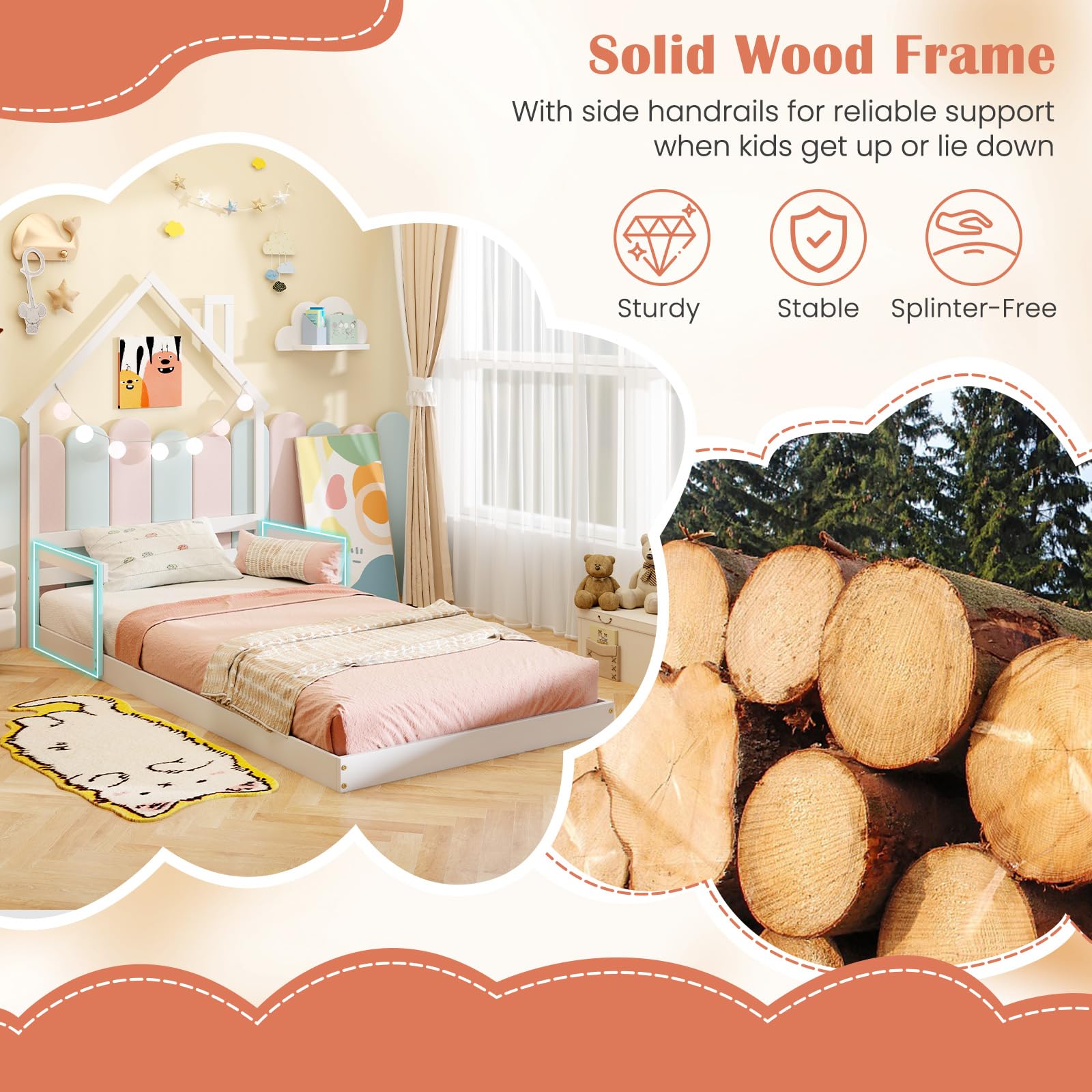 KOMFOTT Twin Floor Bed with House-Shaped Headboard