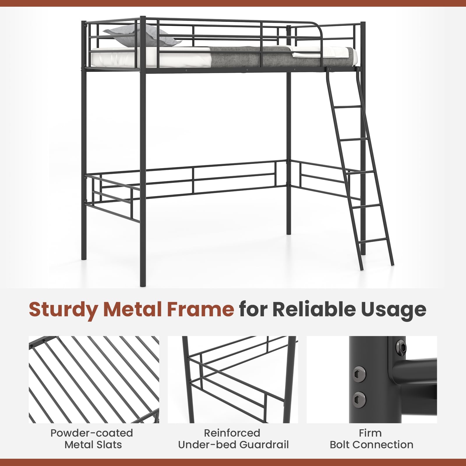 KOMFOTT Twin Metal Loft Bed Frame with Ladder