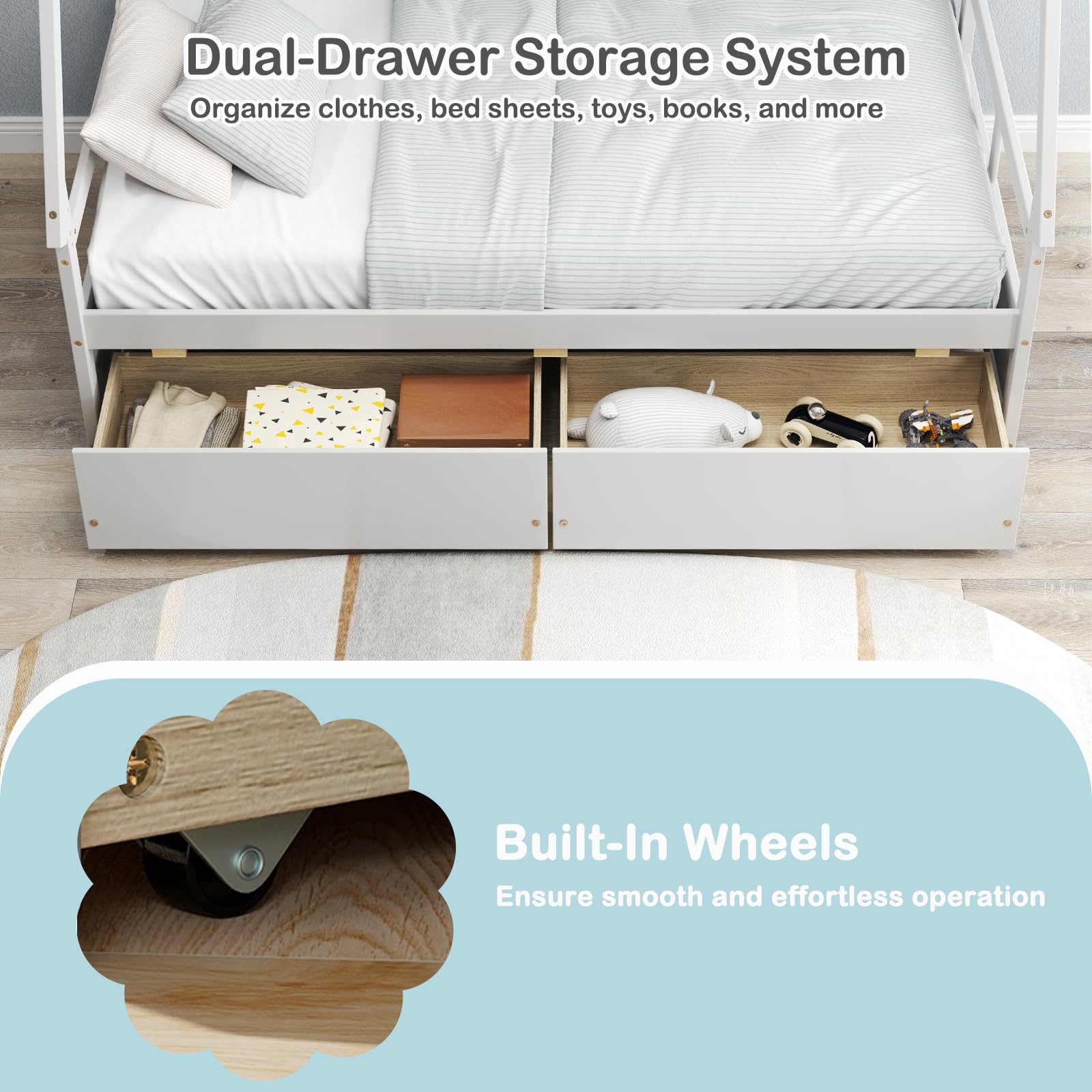 KOMFOTT Twin House Bed with 2 Storage Drawers(Twin with Drawers)