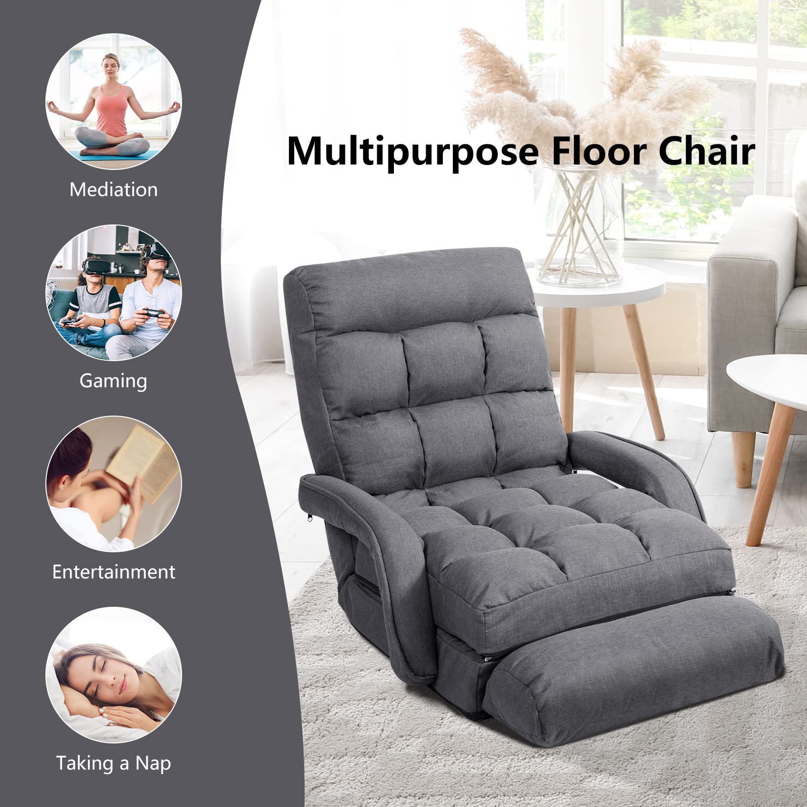 KOMFOTT Adjustable Floor Chair, Folding Lazy Sofa Chair with 5 Positions, Detachable Seat Cushion
