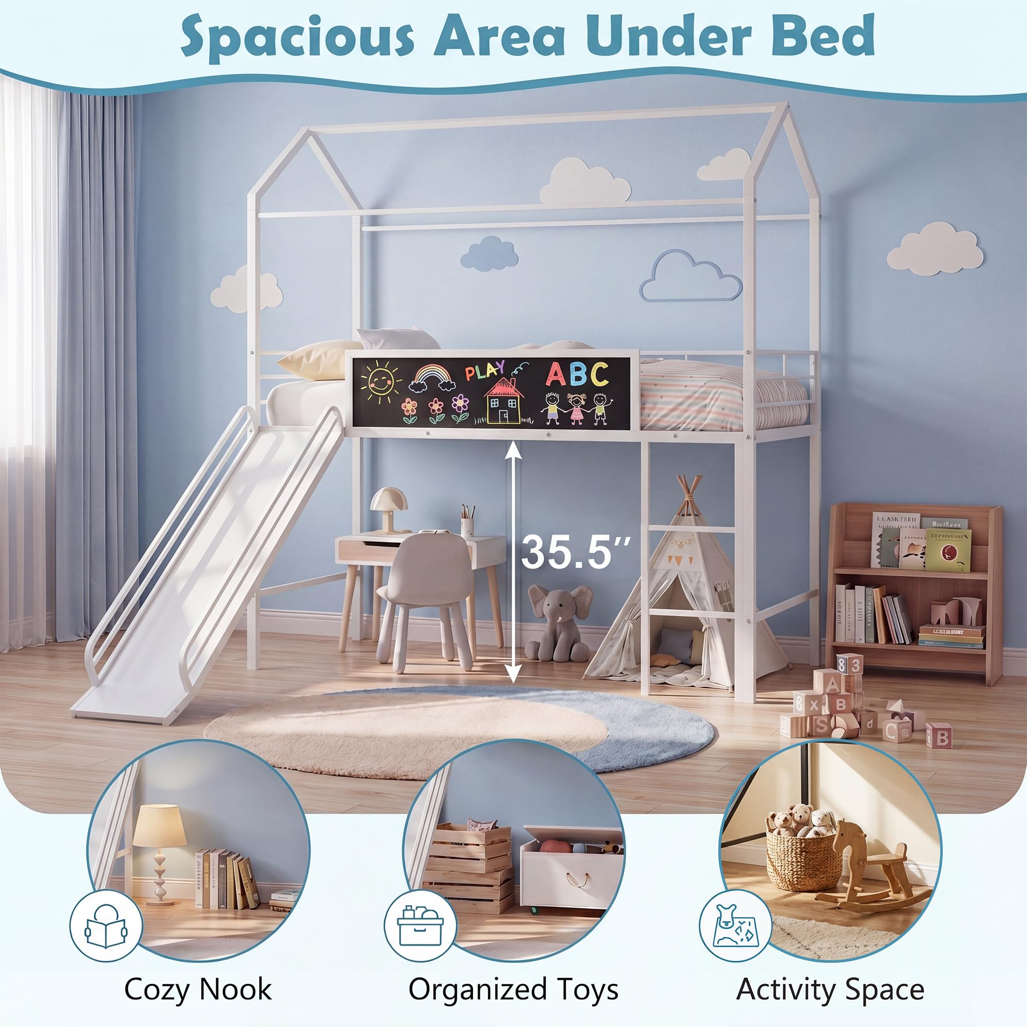 KOMFOTT Twin House Loft Bed for Kids House-Shaped Bed Frame Featuring Chalkboard