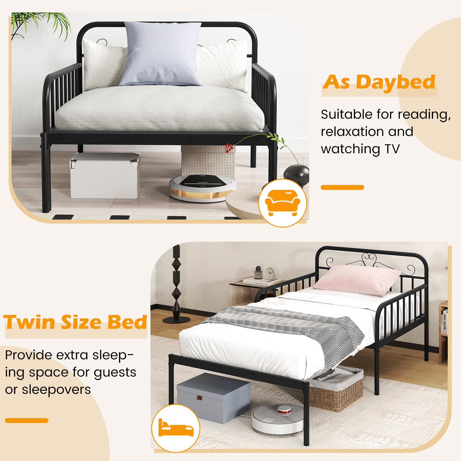 KOMFOTT Twin Size Metal Daybed Heavy Duty Slats Support Sofa Bed