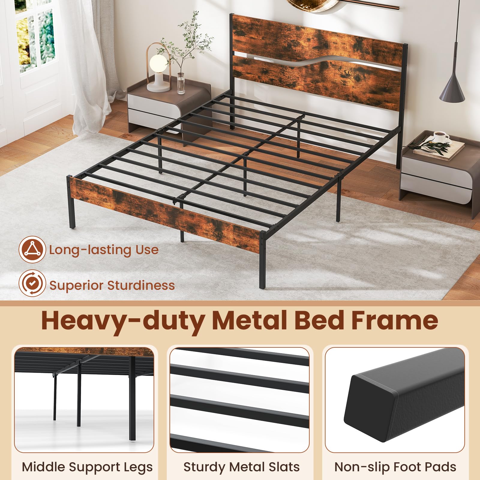 KOMFOTT Queen Size Metal Platform Bed Frame with Headboard