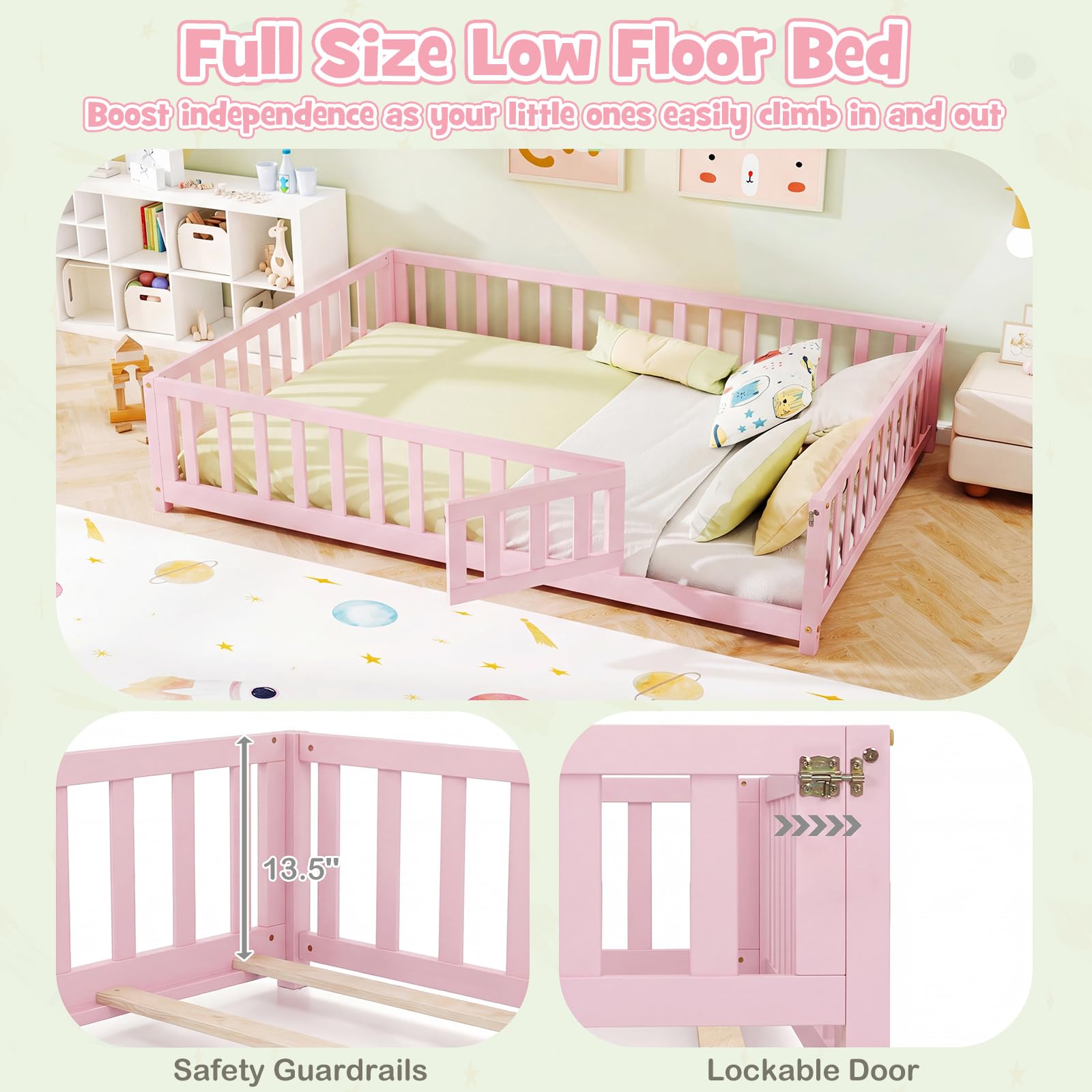 KOMFOTT Full Size Wood Floor Bed with Door & Fence(Full with Slats)