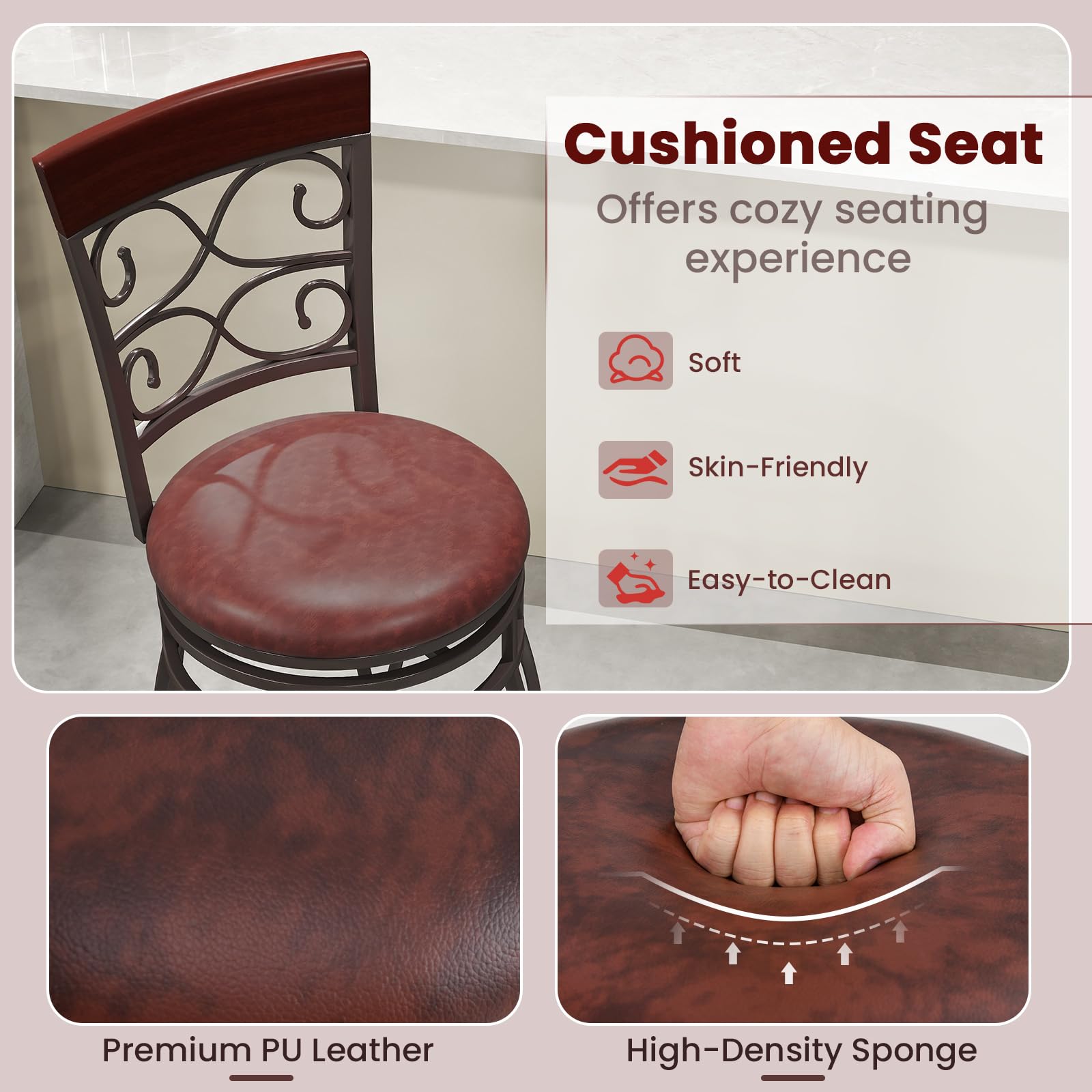 KOMFOTT Swivel Bar Stools Set of 2/4, Counter Height Bar Stools with Back, Upholstered PU Leather Seat, Footrest