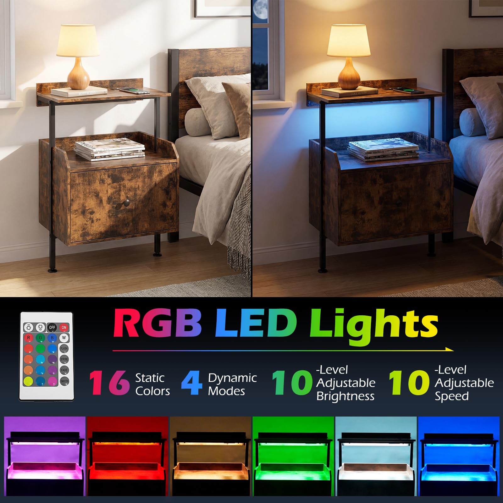 KOMFOTT Nightstand with LED Lights & Charging Station (21" x 16" x 29.5")
