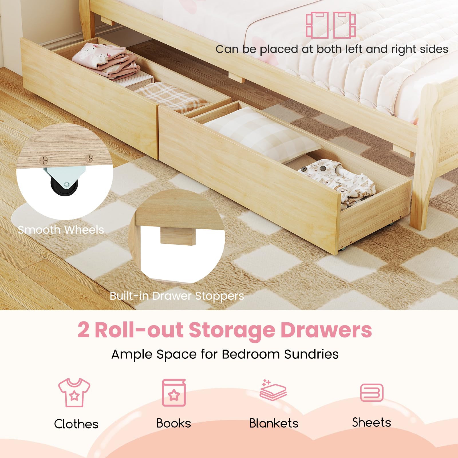 KOMFOTT Twin Size Sleigh Wood Bed Frame with 2 Storage Drawers