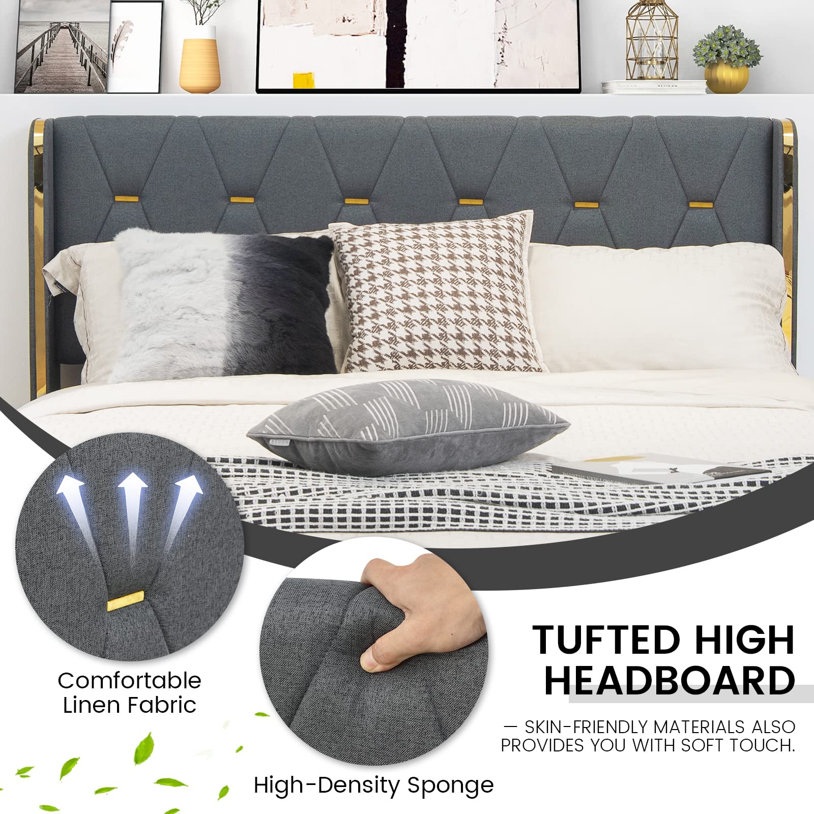KOMFOTT Full/Queen Upholstered Bed Frame with 4 Rolling Storage Drawers, Space Saving PU Leather Bed Frame