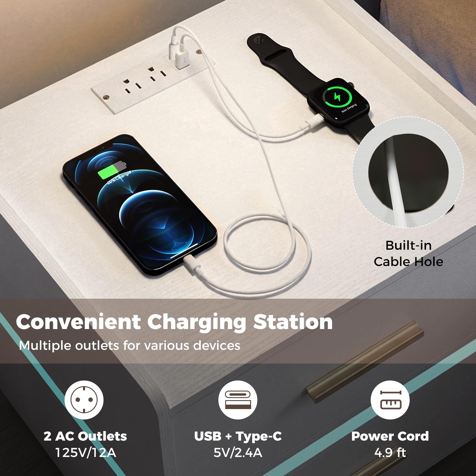 KOMFOTT Nightstand with Charging Station Set of 1/2 LED Bedside Table