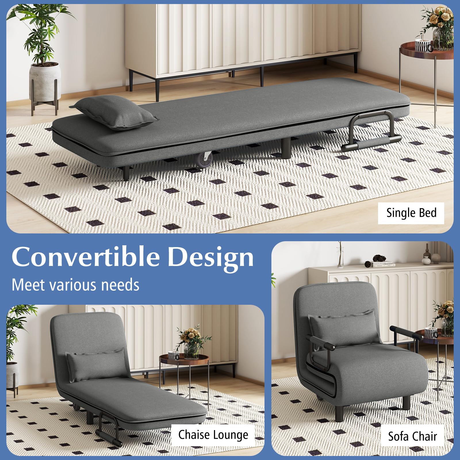 KOMFOTT Convertible Chair Bed with 5-Position Adjustable Backrest & Lumbar Pillow, 2 Hidden Metal Legs & 2 Lockable Casters
