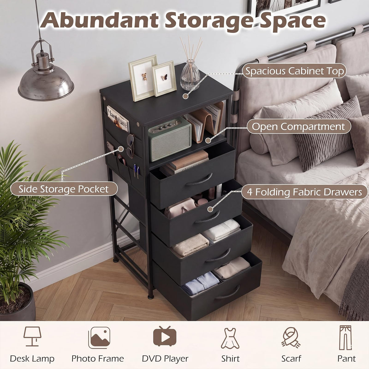 KOMFOTT 1/2 Nightstand with Integrated Charging Station 34" Tall Modern End Table(4 Drawers)