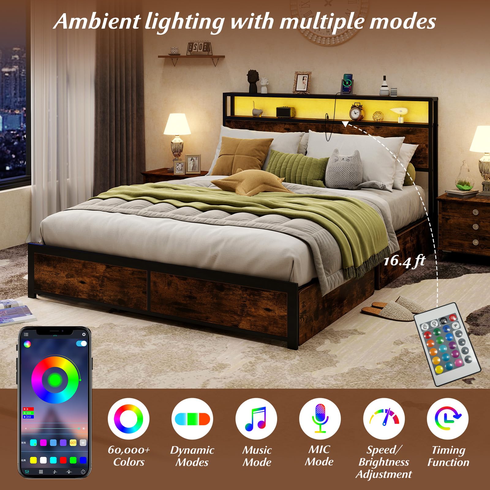 KOMFOTT Industrial LED Bed Frame with 2-Tier Storage