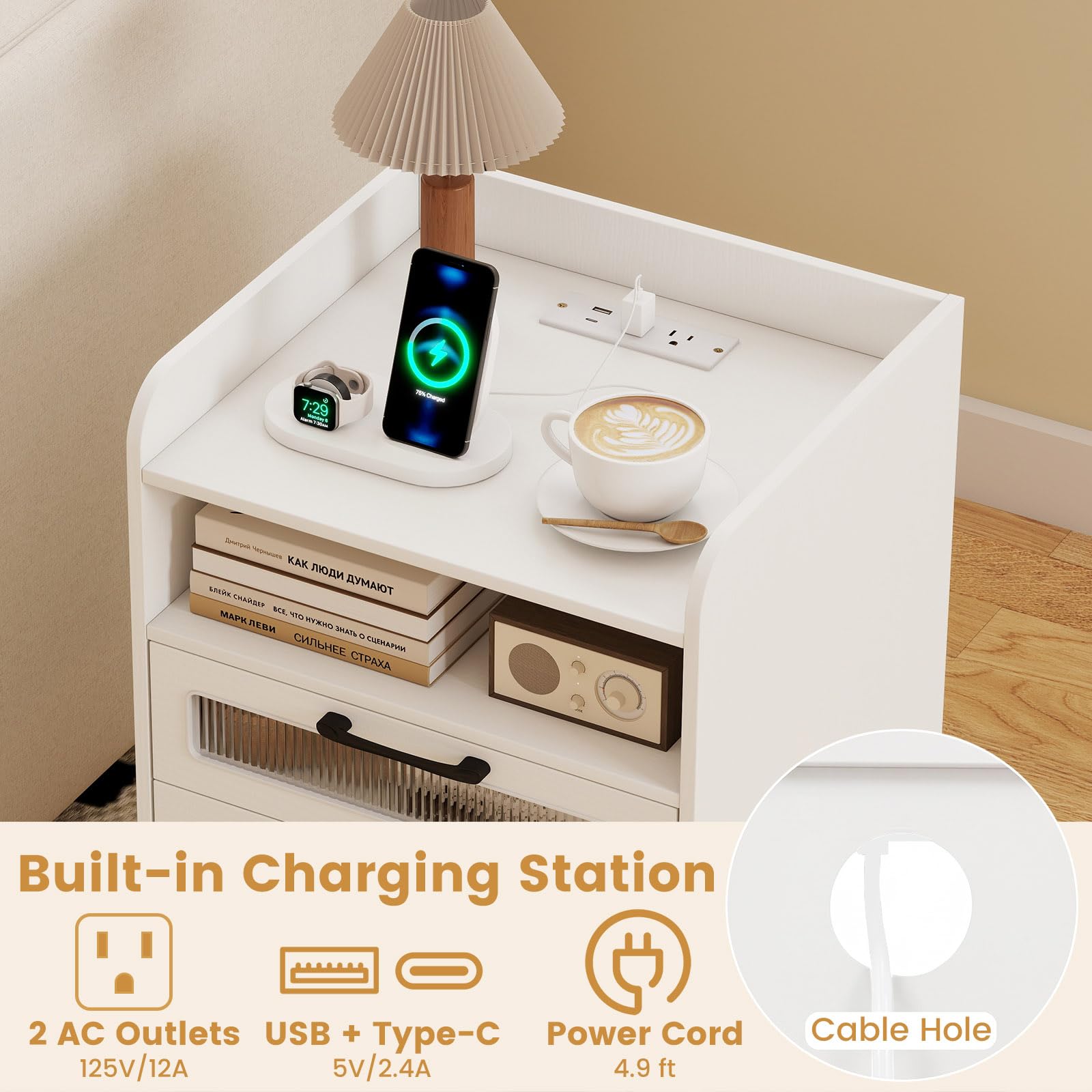 KOMFOTT Nightstand with Charging Station and LED Lights(1/2)