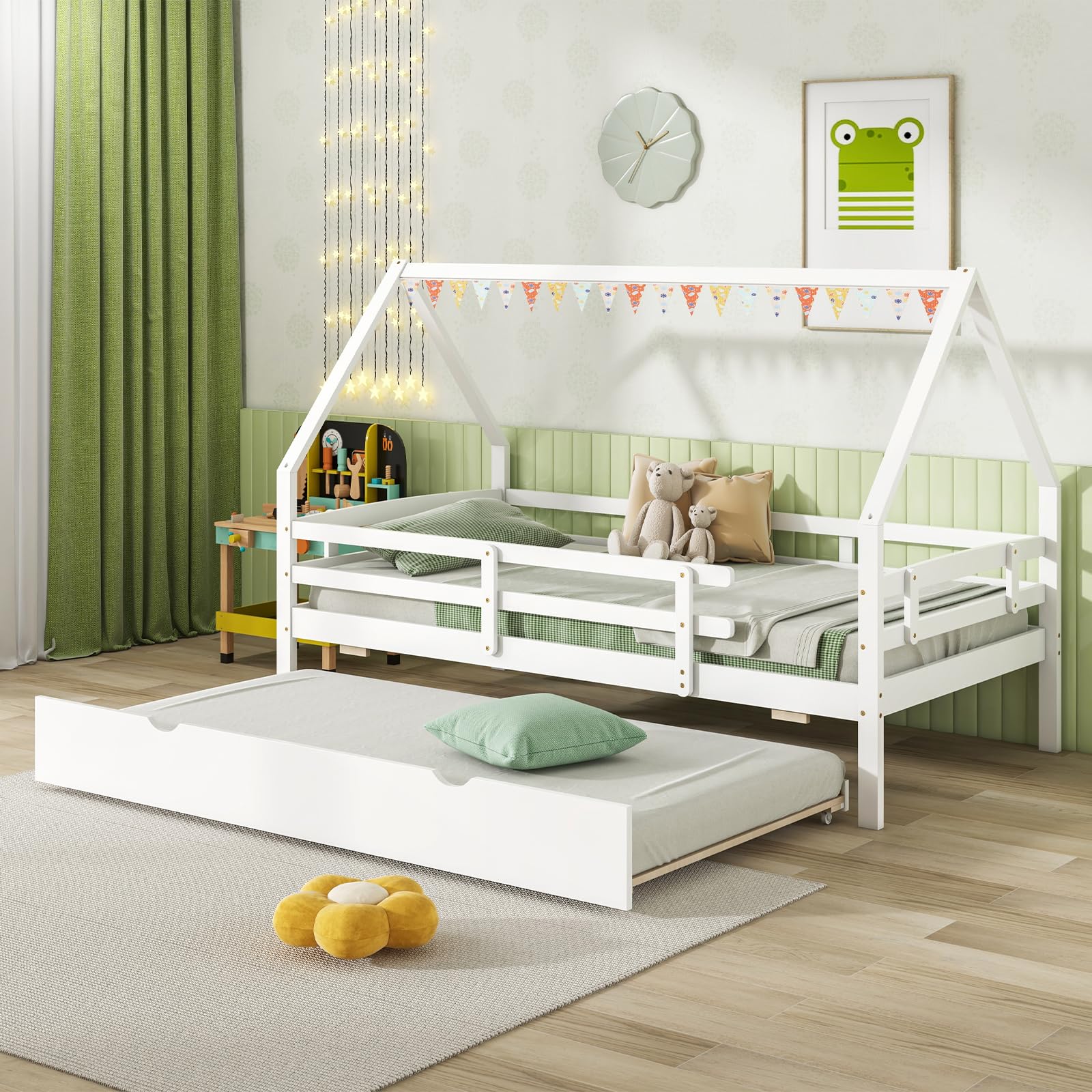 KOMFOTT House Bed with Trundle Wood Bed Frame with Safety Rails & Roof