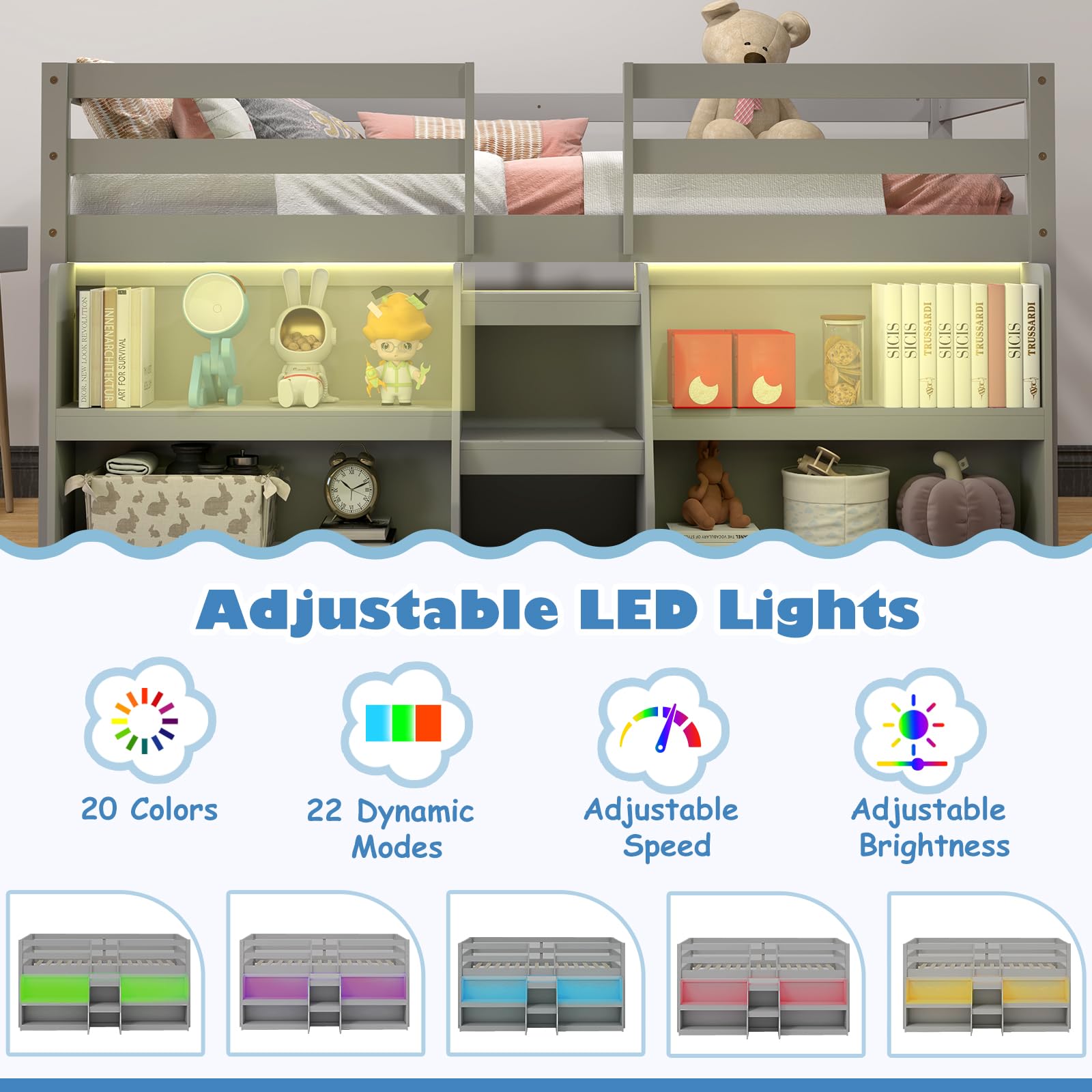 KOMFOTT Low Loft Bed with LED Light & 2 Bookcases
