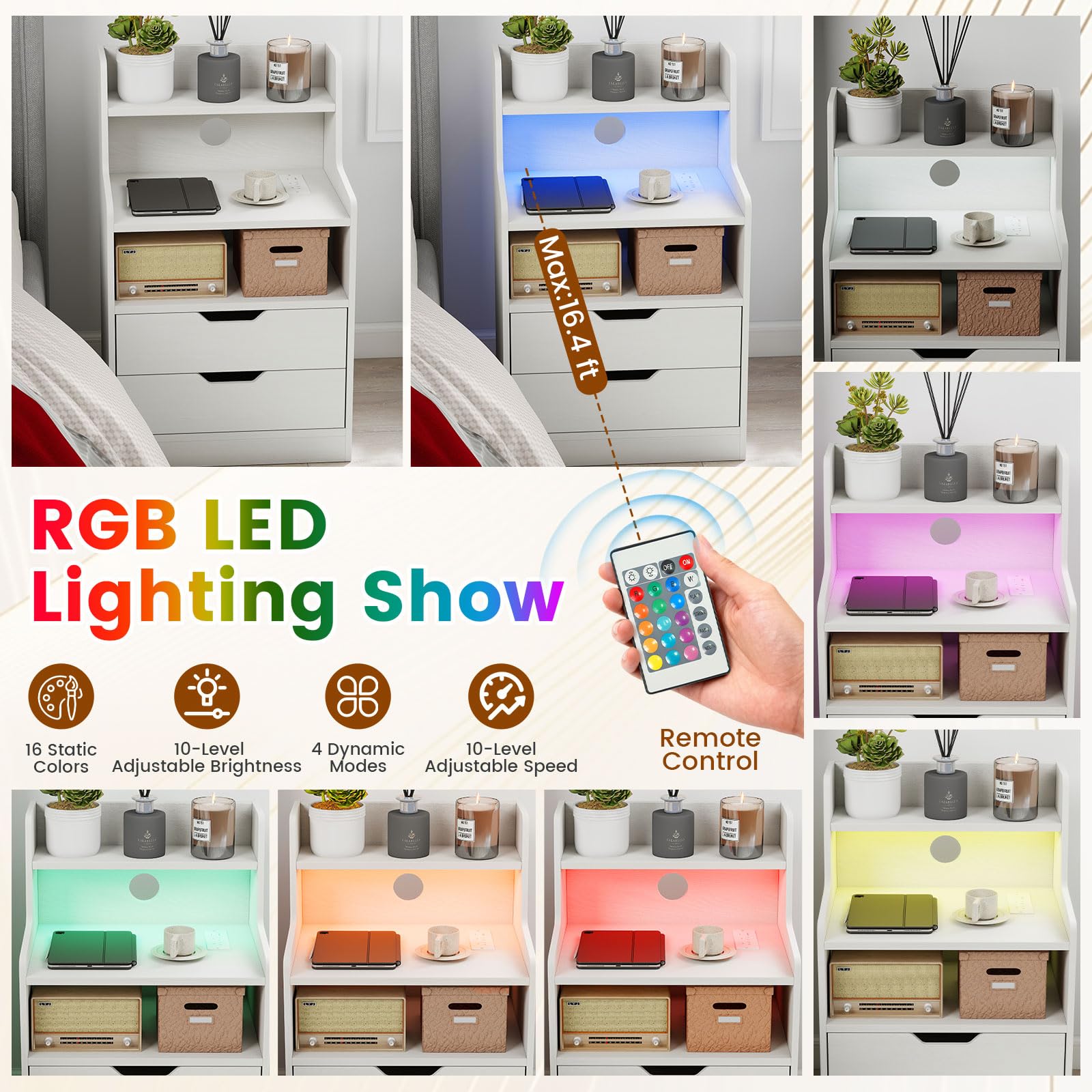 KOMFOTT Nightstand with Charging Station & LED Lights(1/2)