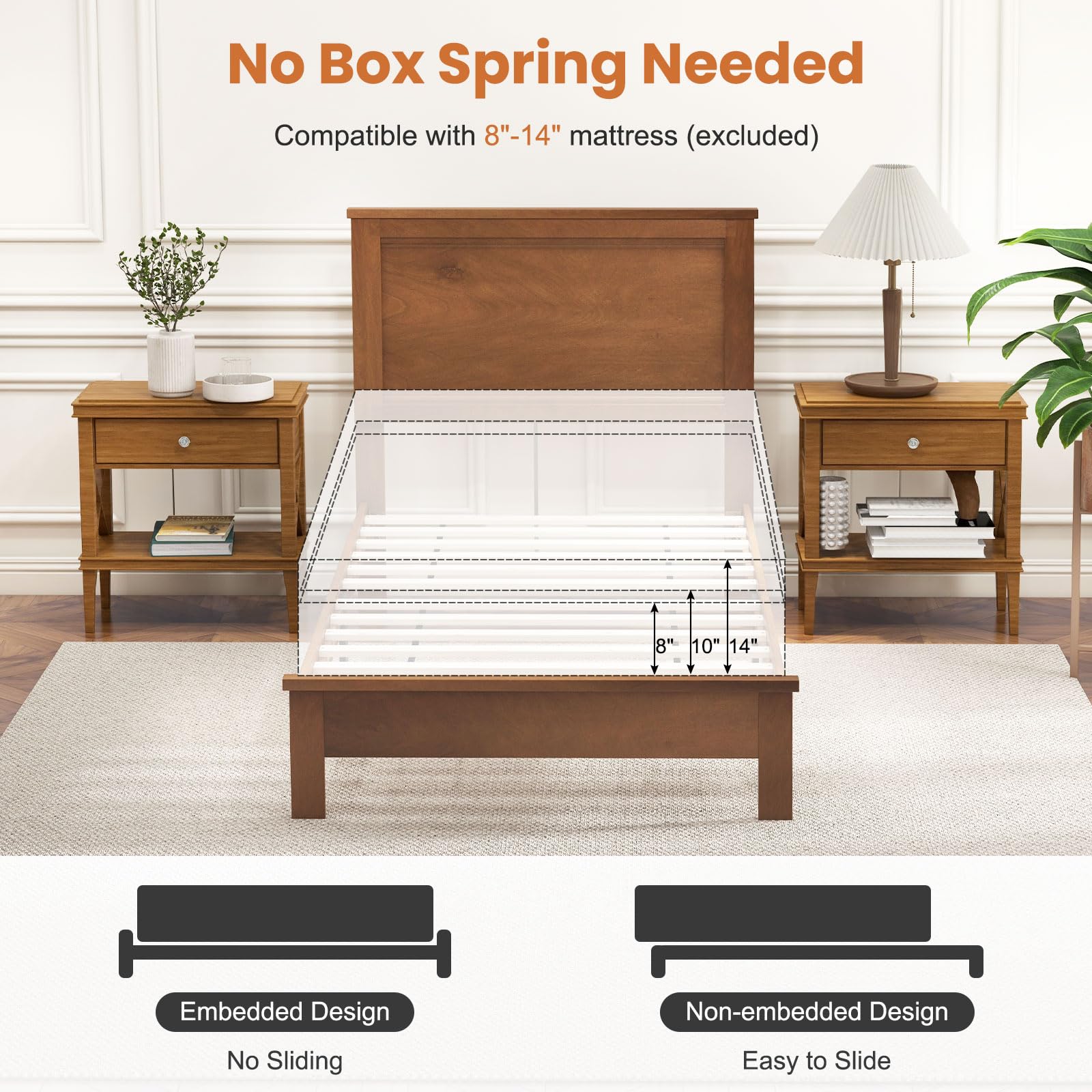 KOMFOTT Wood Platform Bed Frame with Headboard, Mid Century Platform Bed Frame with Solid Wood Legs & Wooden Slat Support