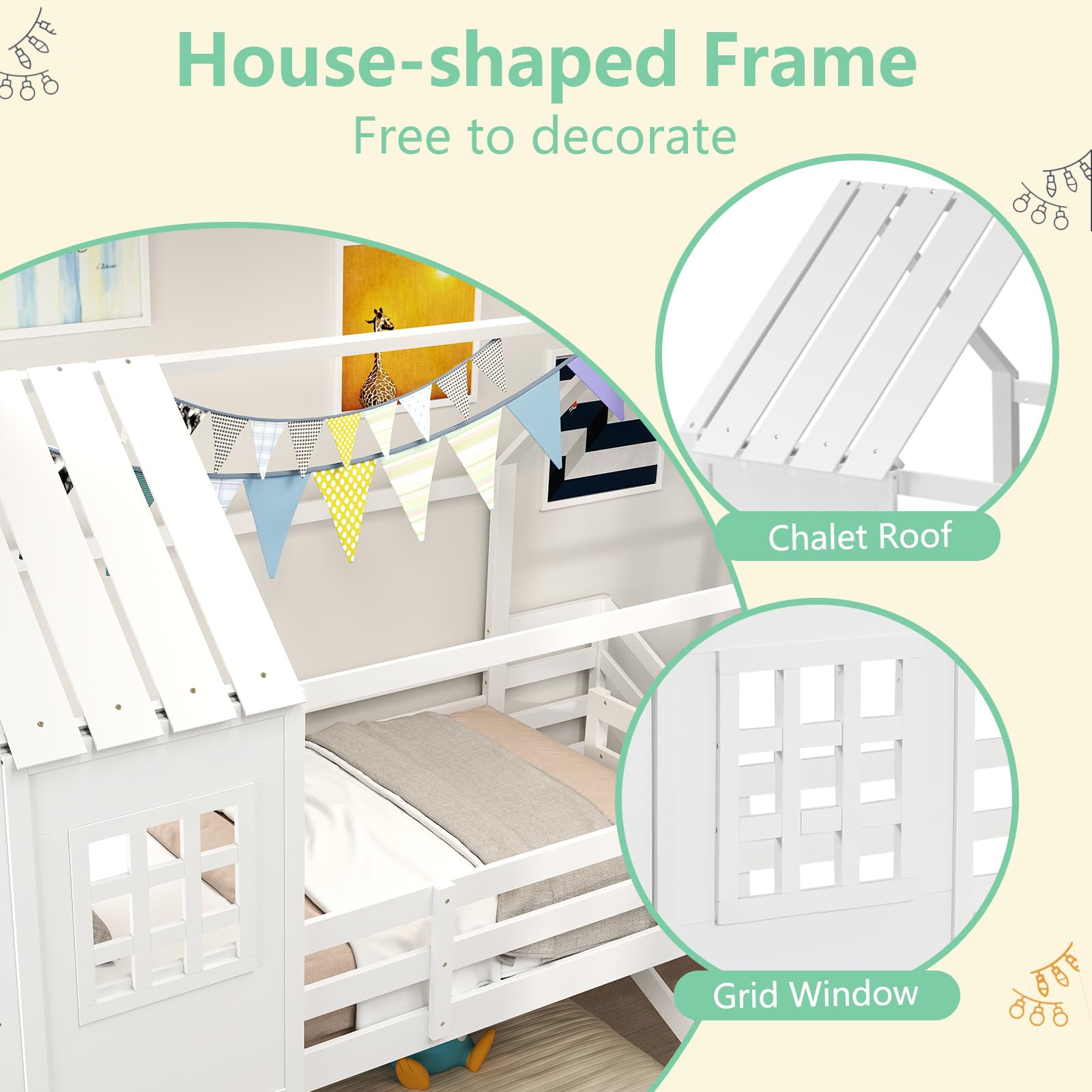 KOMFOTT Wood Twin Over Twin House Bunk Bed with Stairs