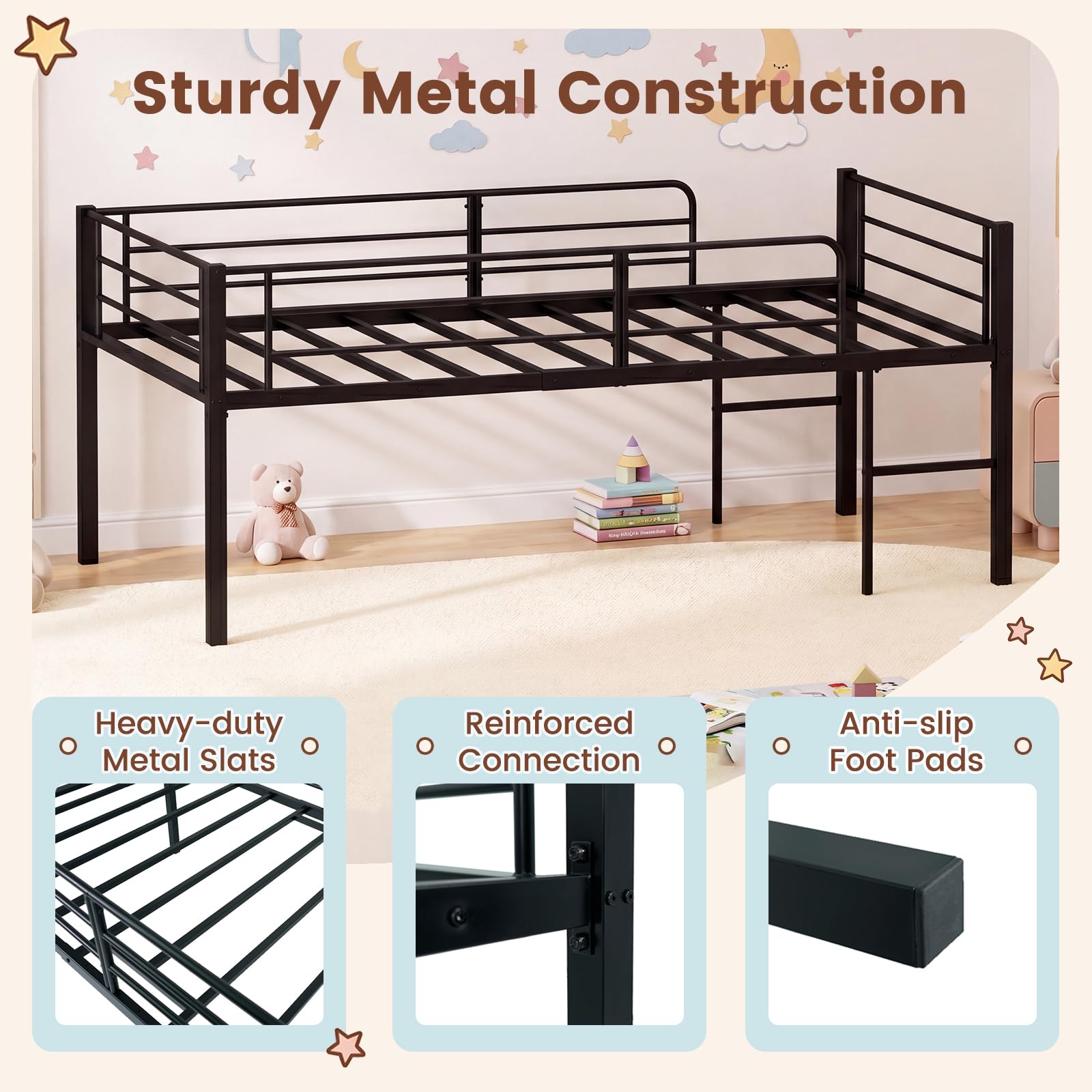 KOMFOTT Twin Size Low Loft Bed Heavy Duty Metal Bed Frame