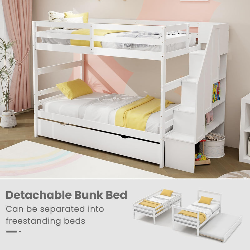 KOMFOTT Wood Twin Over Twin Bunk Bed with Trundle & Storage Stairs