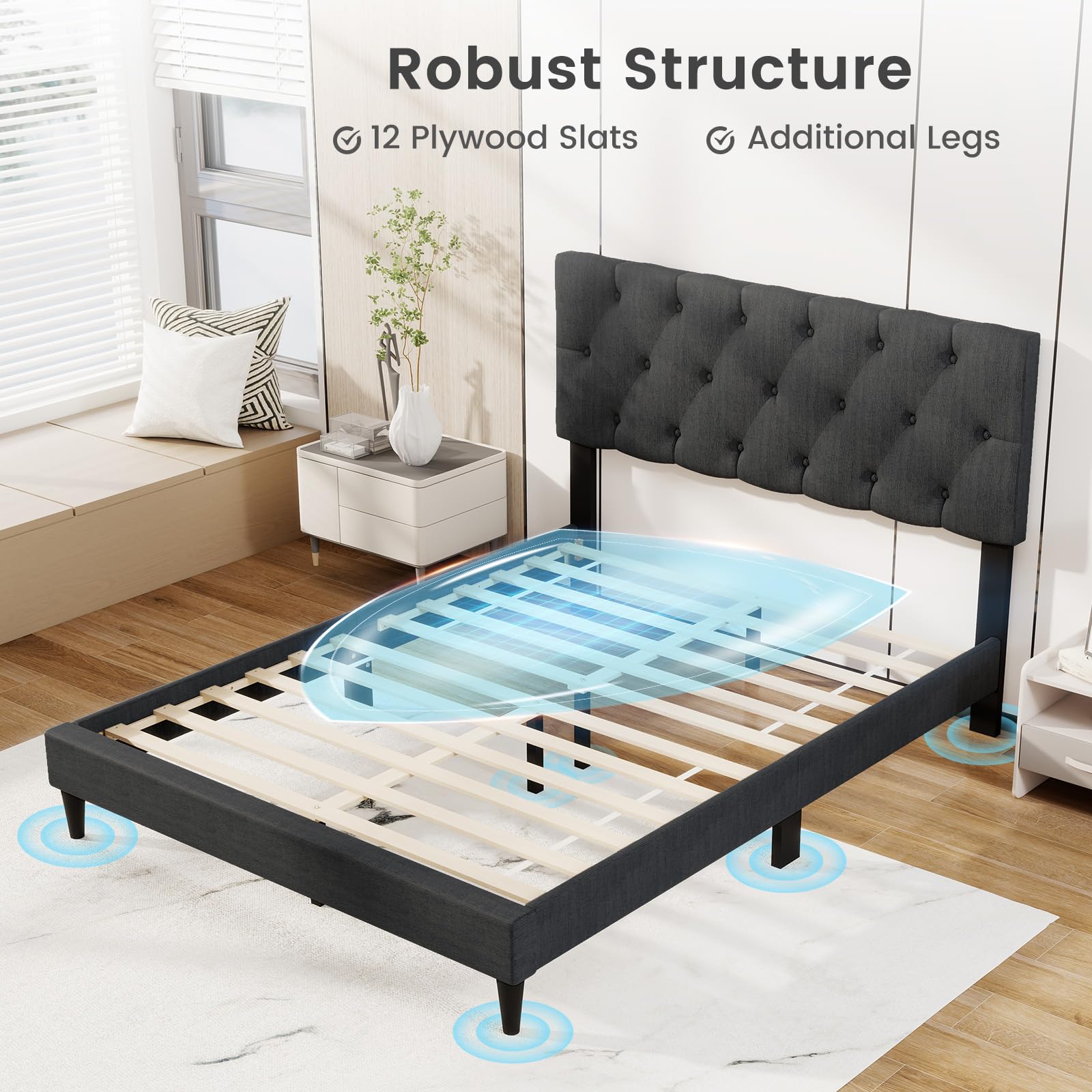KOMFOTT Upholstered Platform Bed Frame(Diamond Button Tufted)