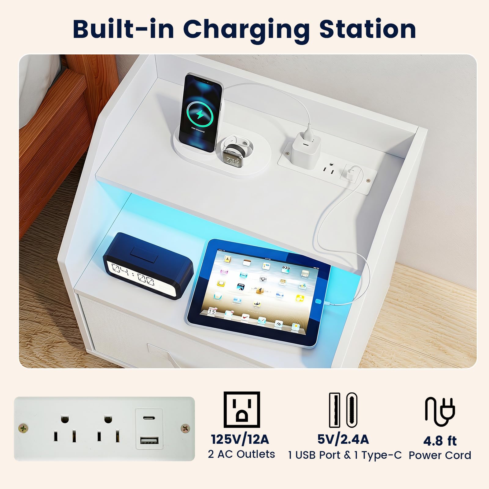 KOMFOTT Nightstand with LED Lights Charging Station & Fabric Drawer(1/2)