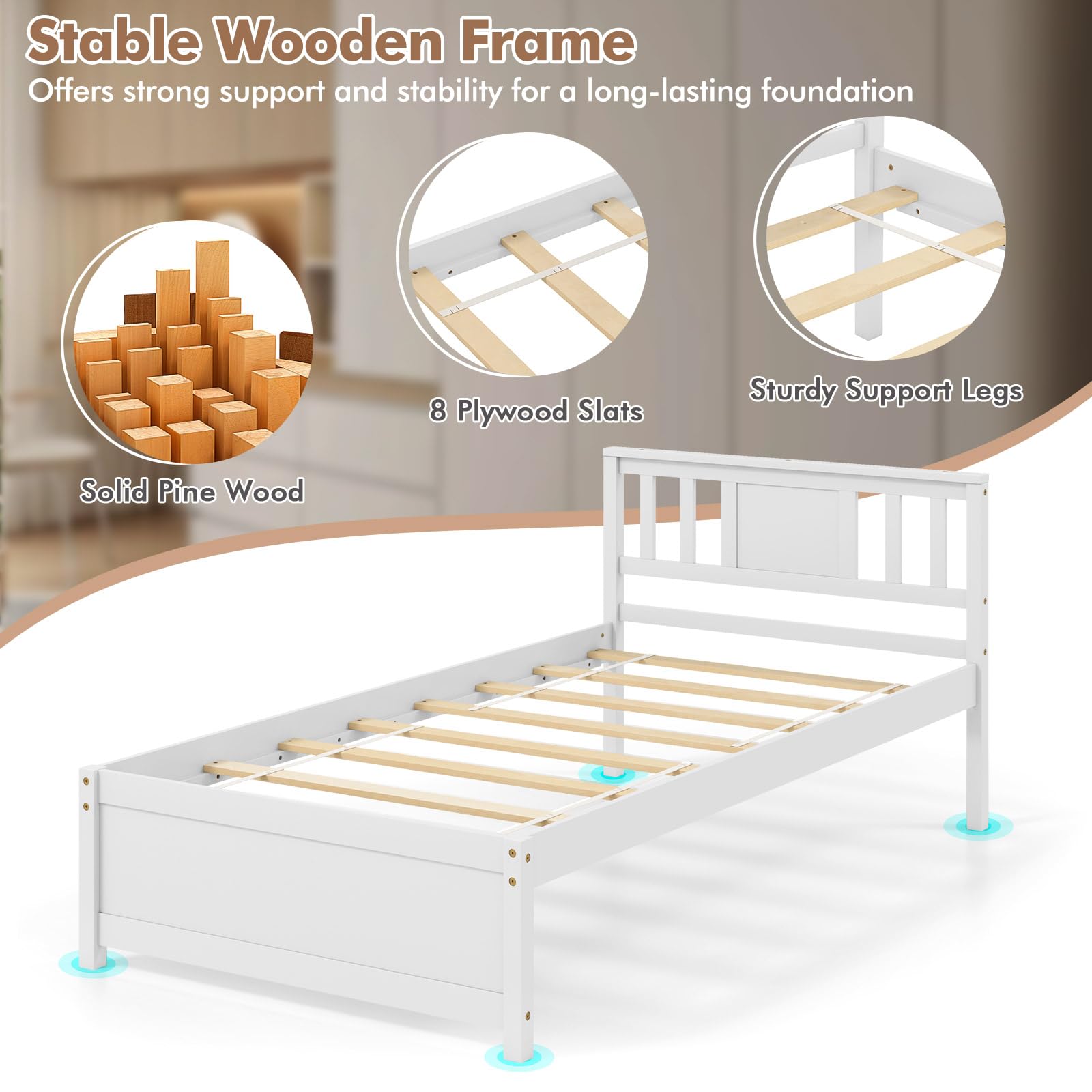 KOMFOTT  Wood Platform Bed Frame with Headboard Solid Wood Platform Bed