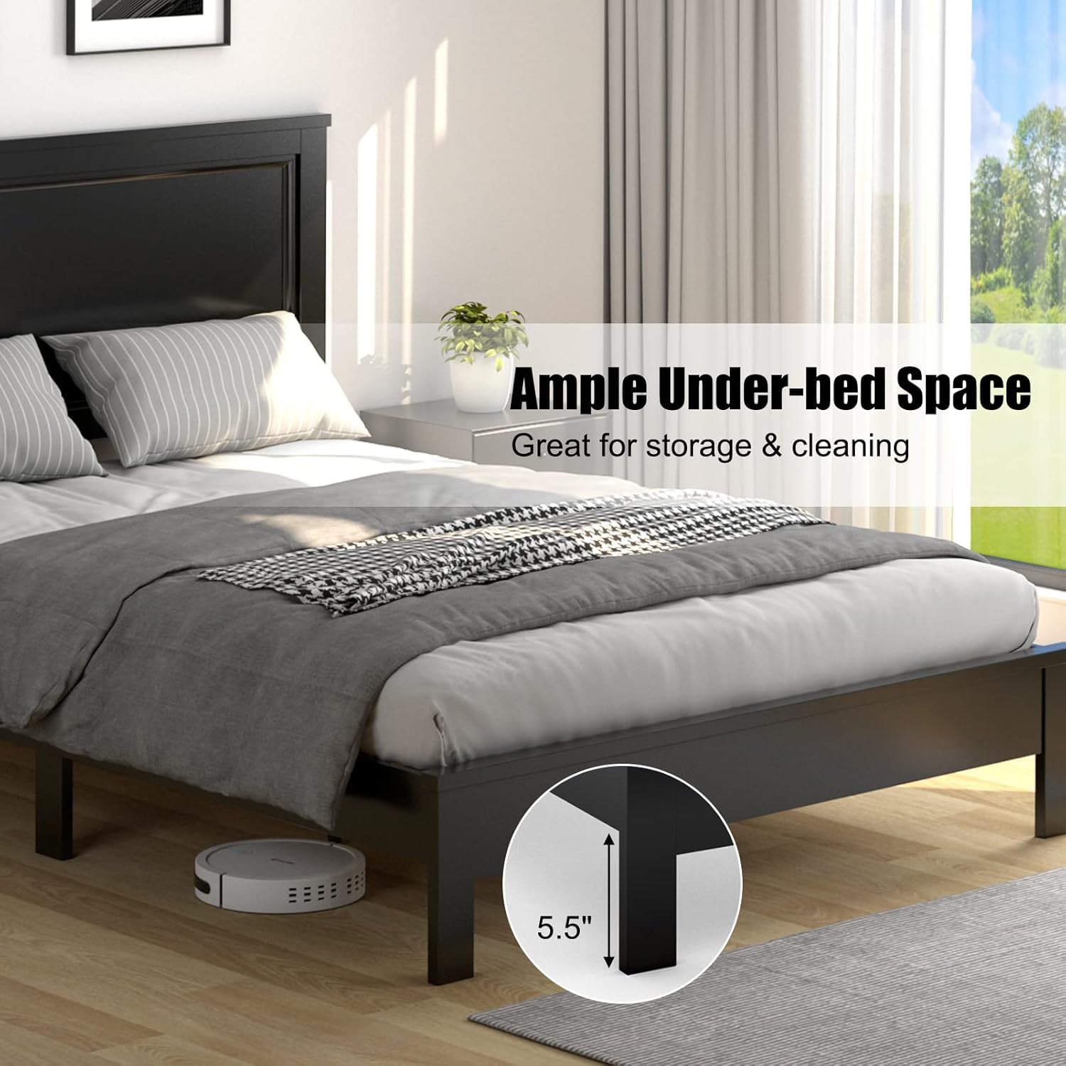 KOMFOTT Queen Size Wood Platform Bed Frame with Headboard