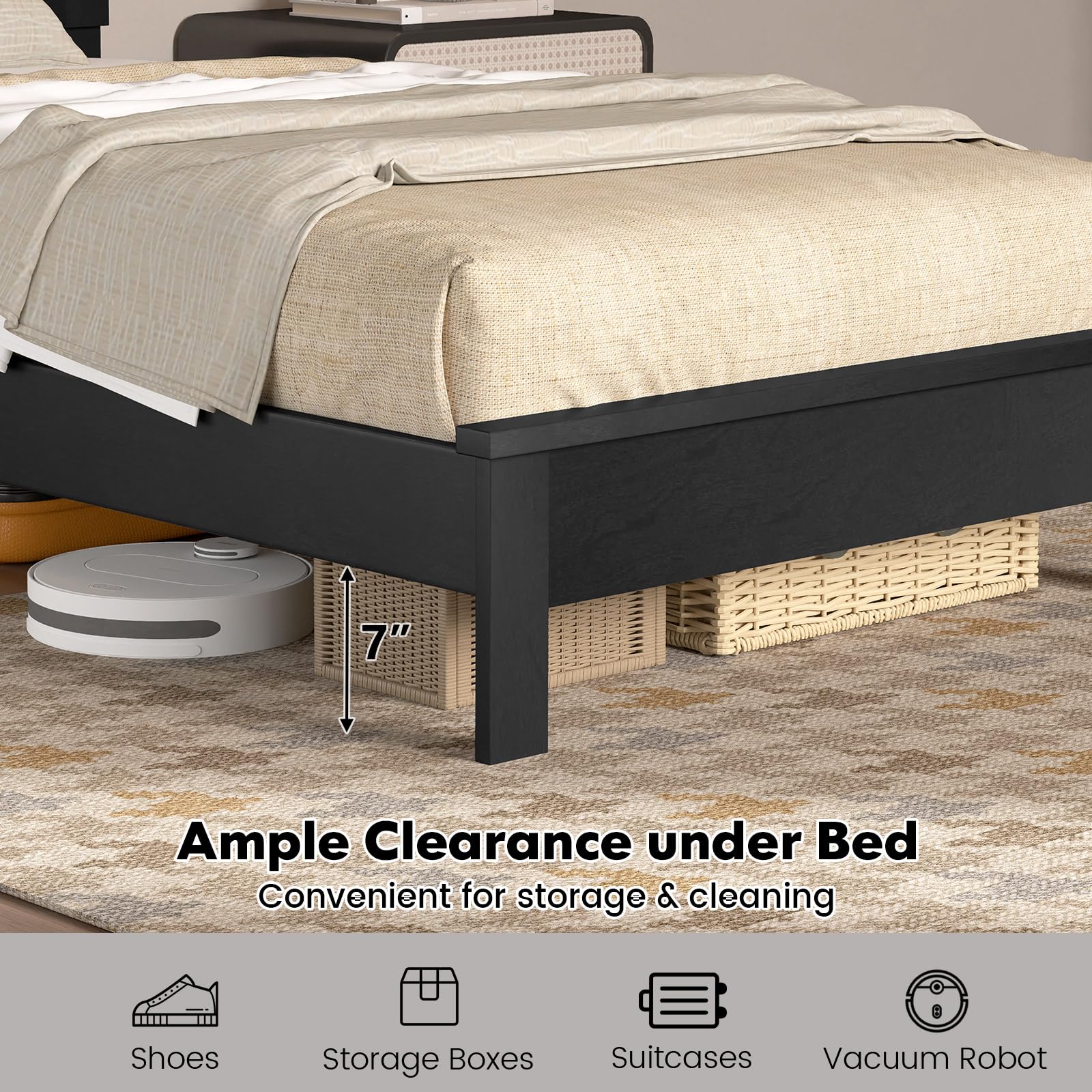 KOMFOTT Mid-Century Modern Platform Bed with Headboard, Solid Wood Legs