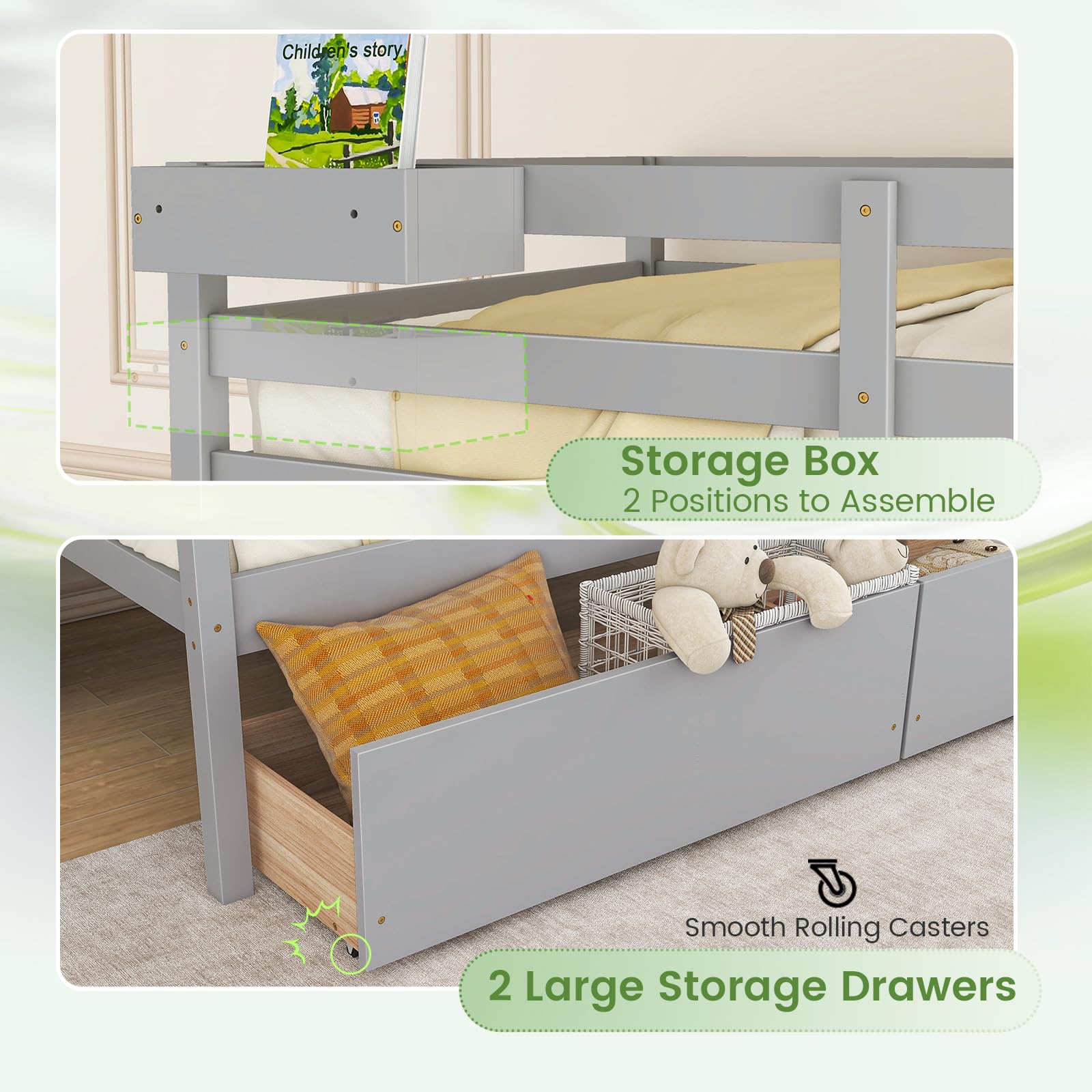 KOMFOTT Twin Over Twin Bunk Bed with 2 Roll-Out Drawers