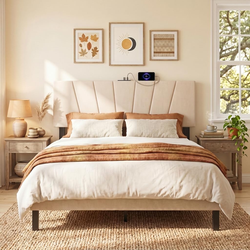 KOMFOTT Upholstered Full & Queen Headboard with Charging Station(Vertical Channel)