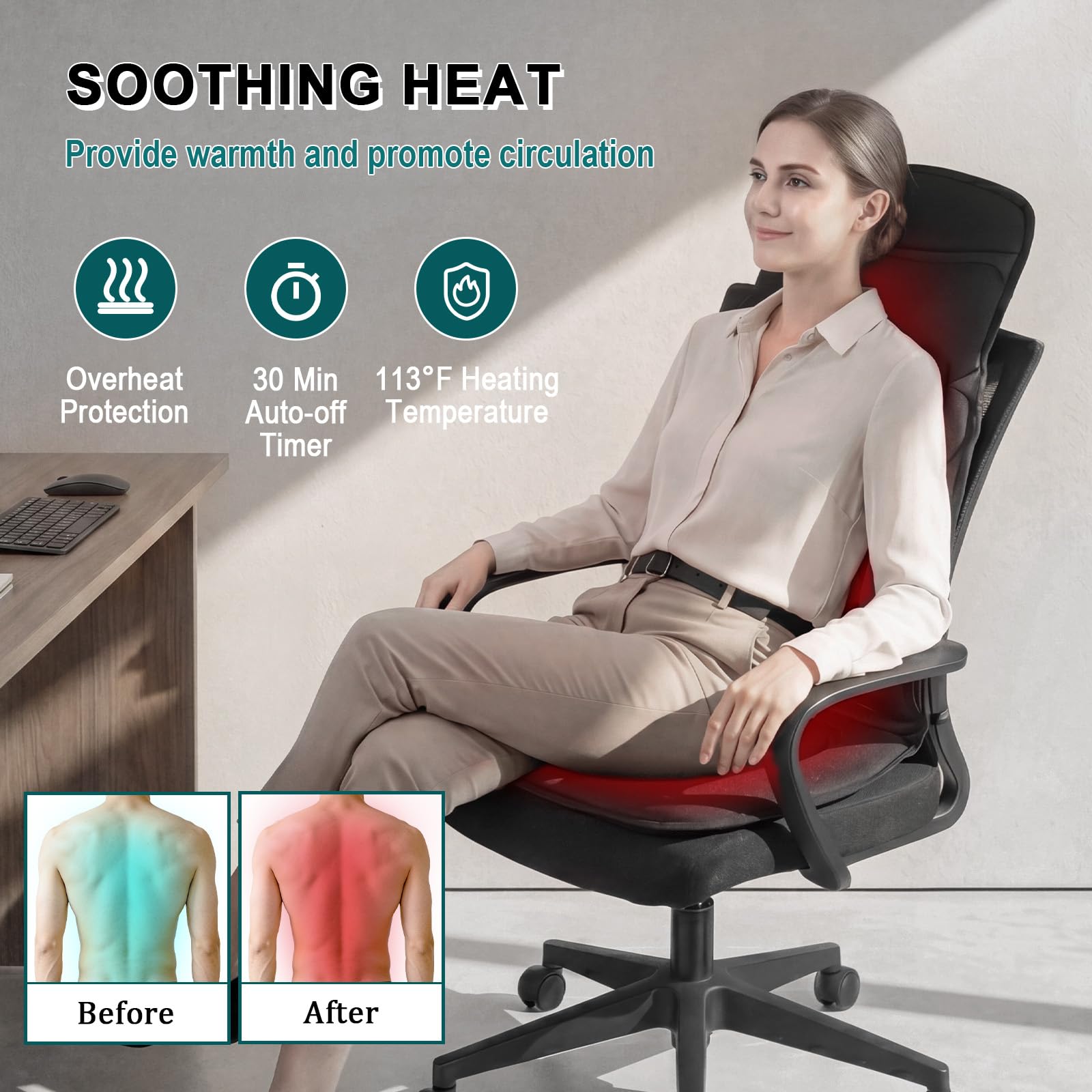 KOMFOTT Massage Seat Cushion Back Massager with Heat Chair Massager, 10 Vibration Nodes & 2 Heat Pads