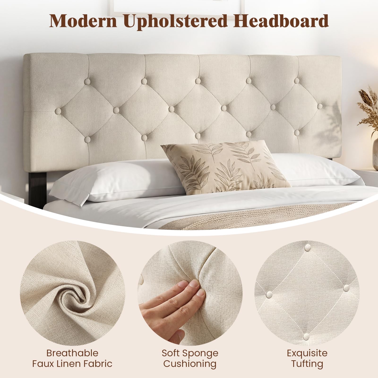 KOMFOTT Linen Upholstered Headboard for Full & Queen Size Bed Frame(Rhombic Button Tufted)