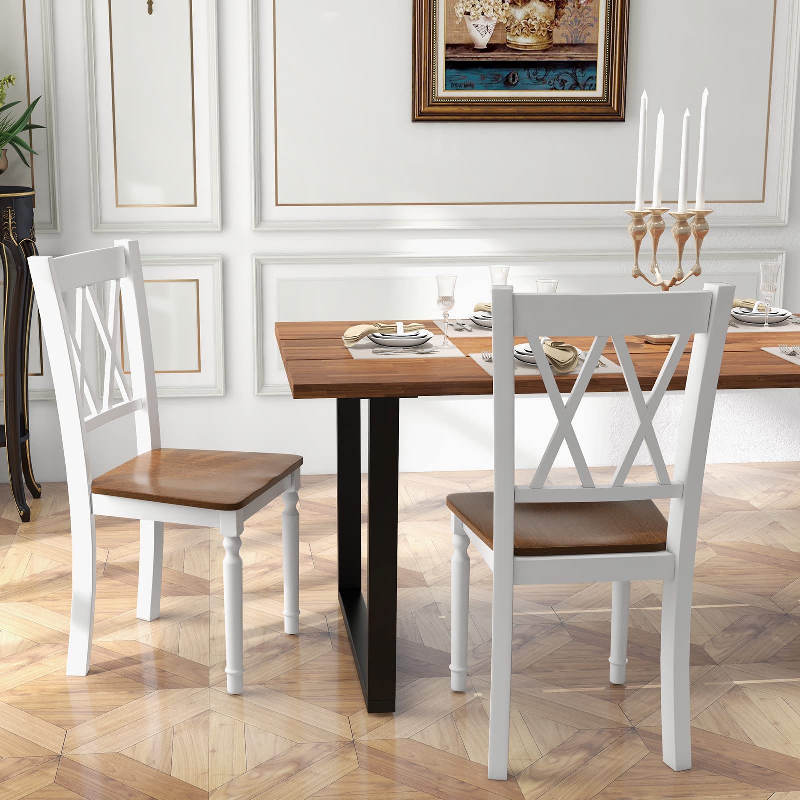 KOMFOTT Dining Room Chairs Set of 4 White - Wooden Farmhouse Kitchen Chairs with Rubber Wood Seat