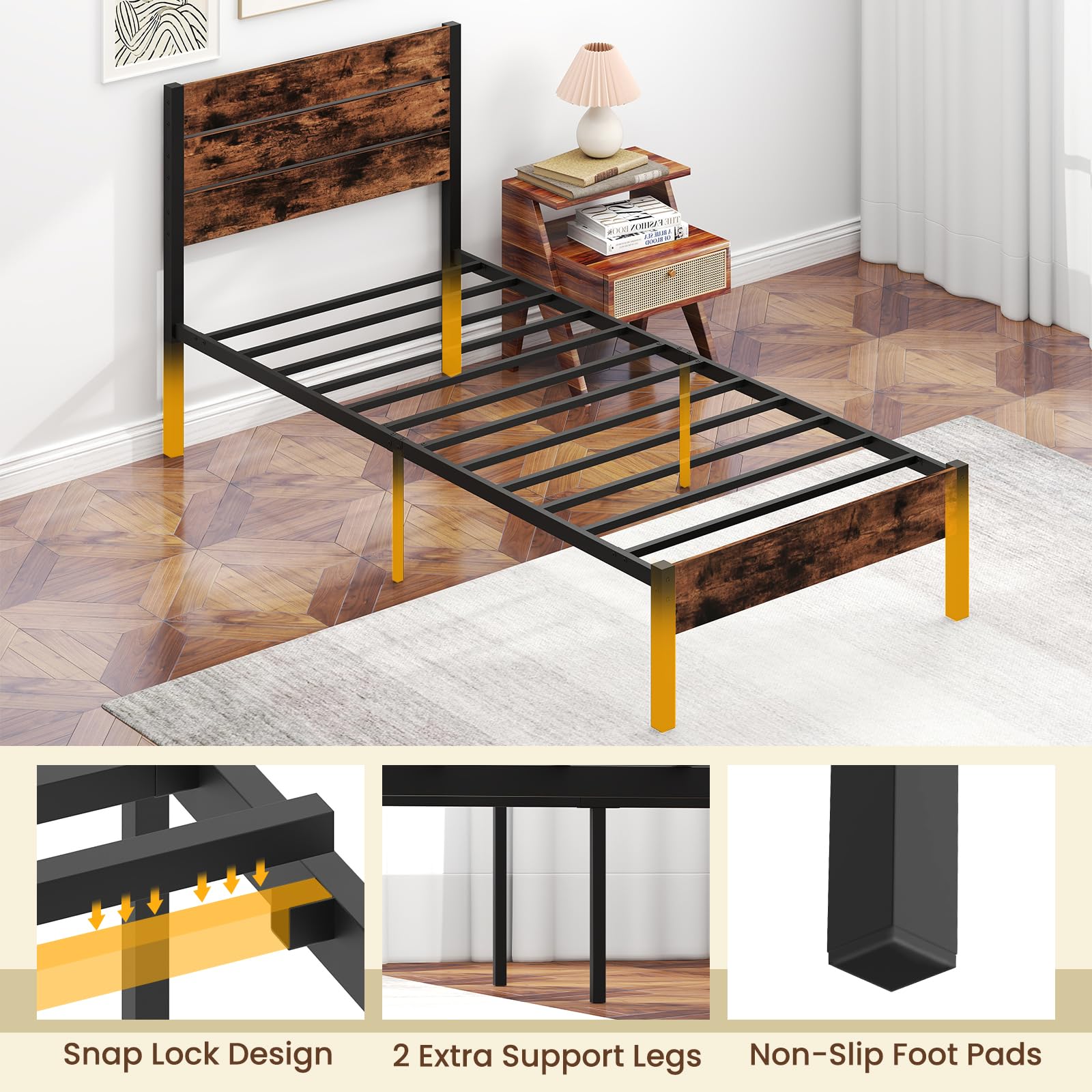 KOMFOTT  Metal Bed Frame Industrial Platform Bed Frame with Headboard
