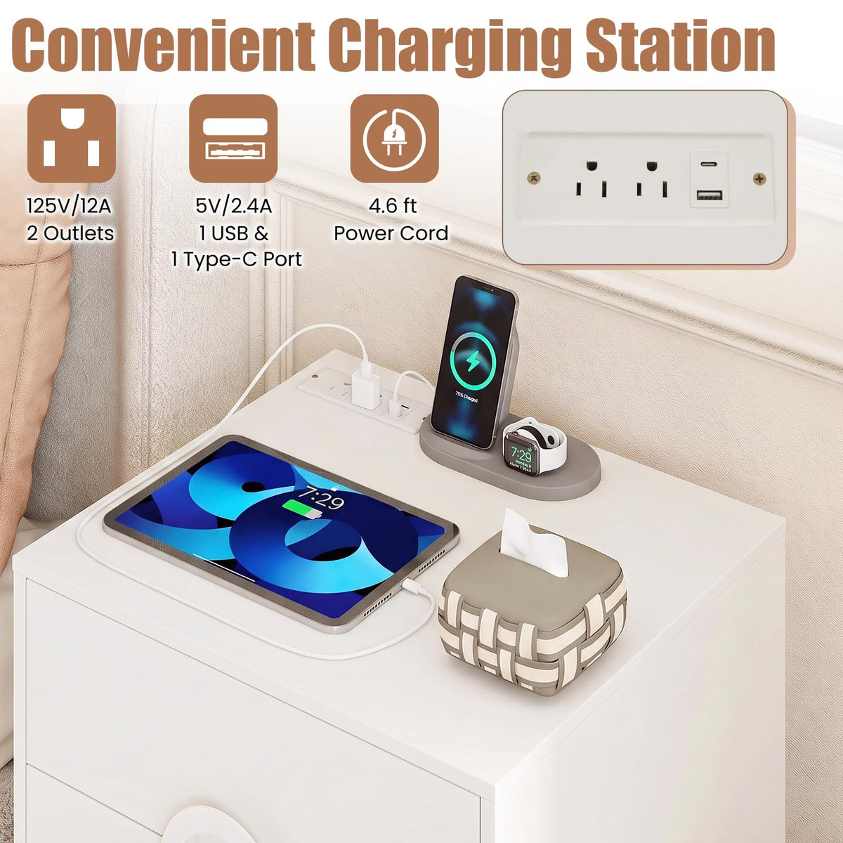 KOMFOTT Nightstand with 3 Drawers Bedside Table w/ Charging Station(18" x 16" x 23.5")
