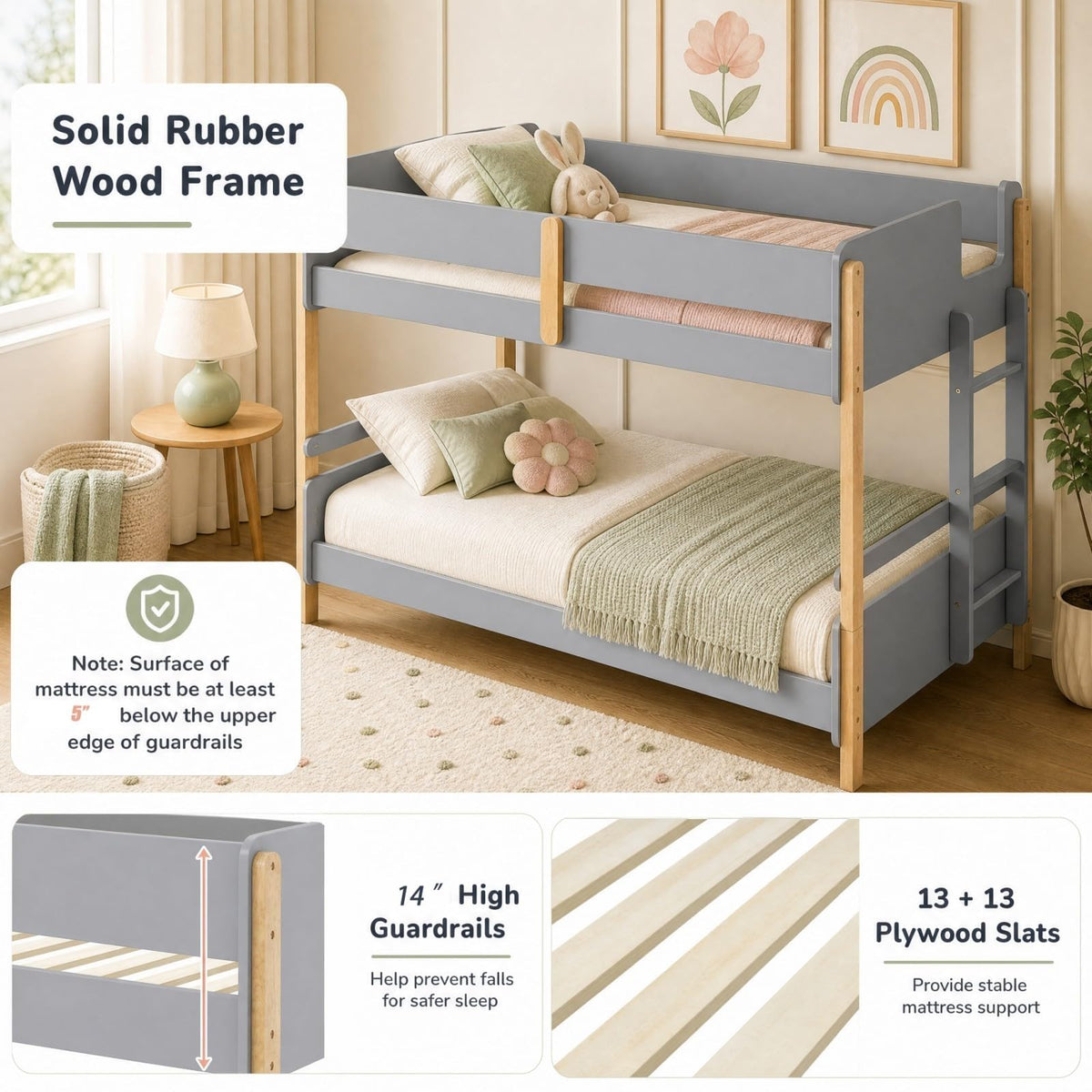 KOMFOTT Bunk Bed Twin Over Twin, Converts into 2 Twin Beds(Side Ladder)