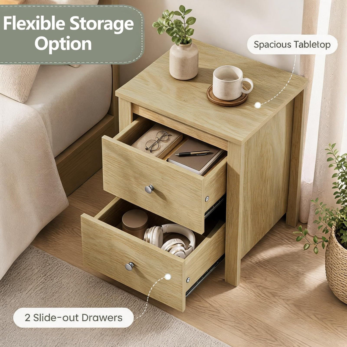 KOMFOTT Nightstand with 2 Drawers Modern Wooden Bedside Table(1/2)