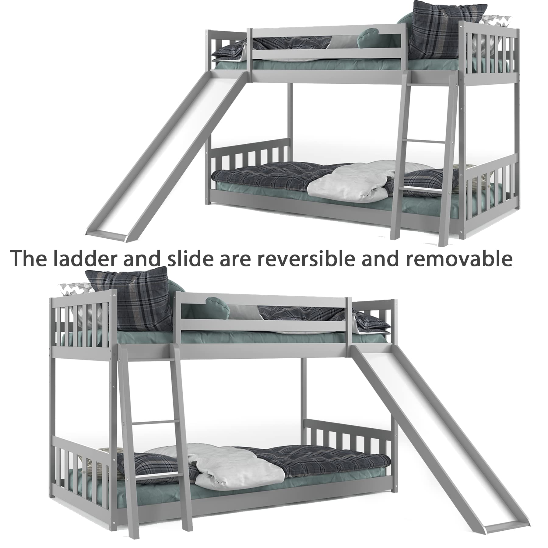 KOMFOTT Wood Bunk Bed Twin Over Twin Bunk Bed Frame w/Convertible Slide