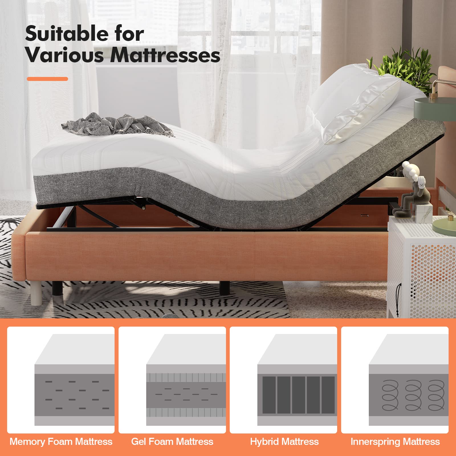KOMFOTT Adjustable Bed Base with Remote, Electric Reclining Bed with Head & Foot Incline, LED Under-Bed Lighting and Dual USB Port