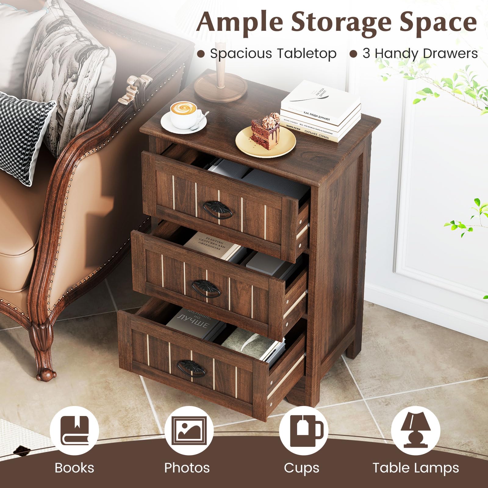 KOMFOTT Farmhouse Nightstand with 3 Storage Drawers（1/2）