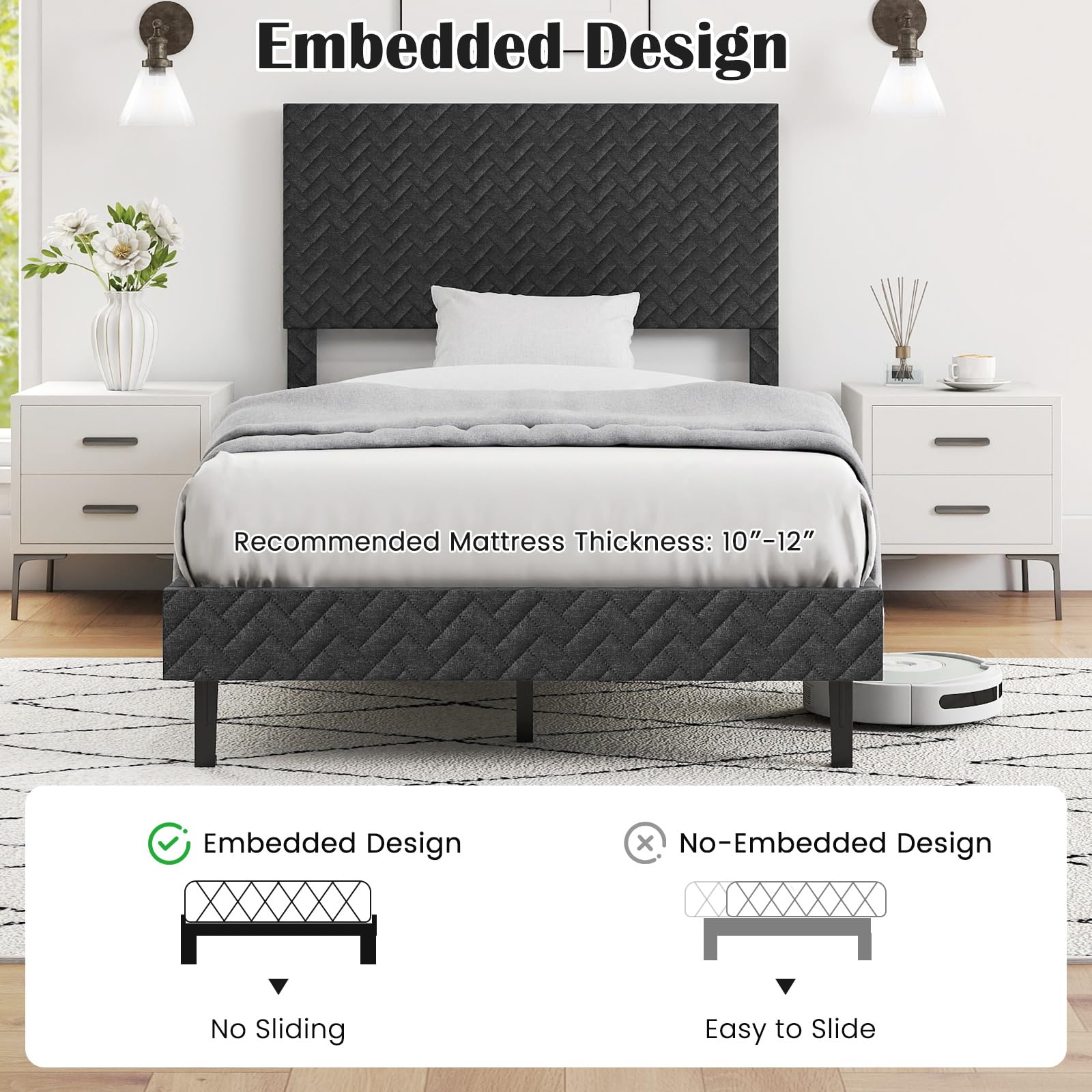 KOMFOTT Bed Frame with Height Adjustable Linen Headboard