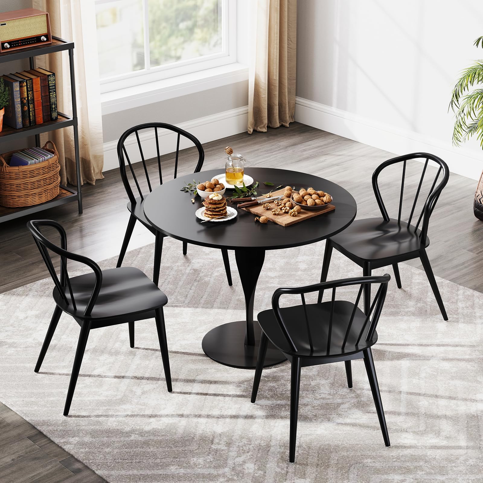 KOMFOTT Wooden Dining Chairs Set of 2/4, Windsor Kitchen Chairs w/High Spindle Back & Rubber Wood Legs, Wide Seat & Curved Backrest