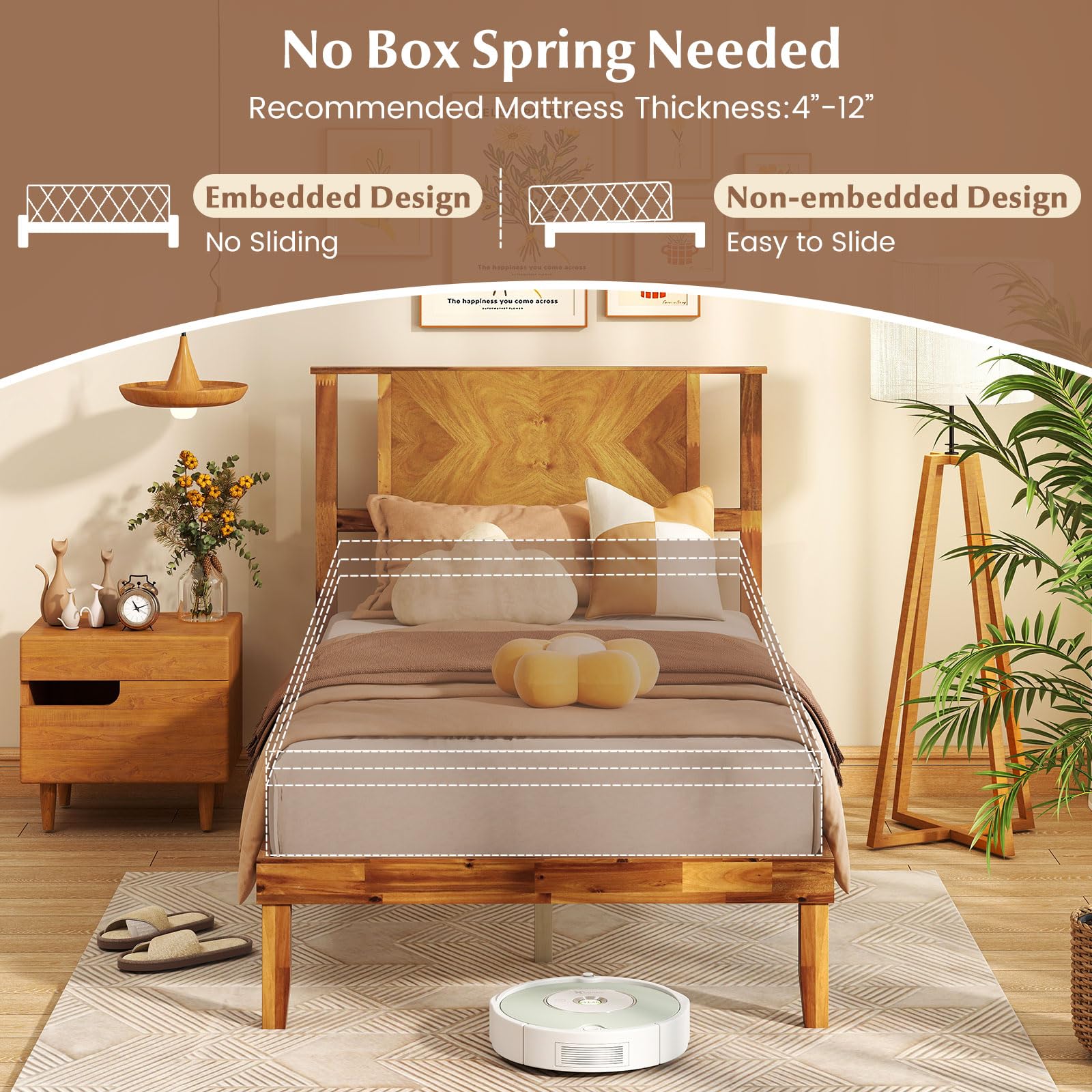 KOMFOTT Wood Bed Frame with Headboard