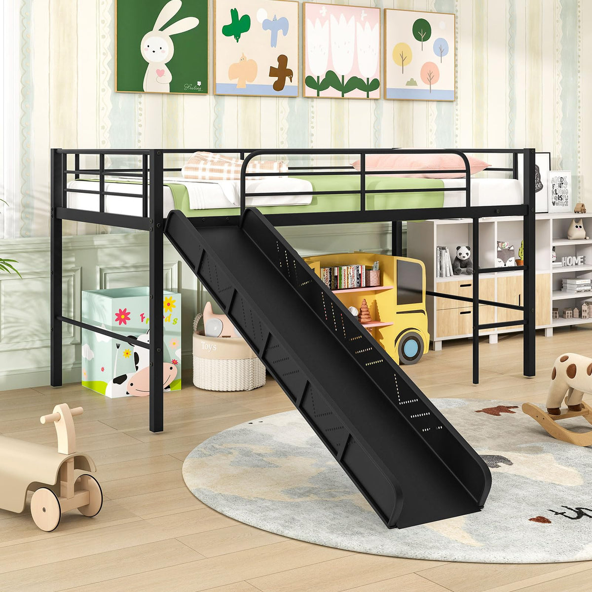 KOMFOTT Twin Size Low Loft Bed Metal Bed Frame with 30" H Under-Bed Space(with Slide)
