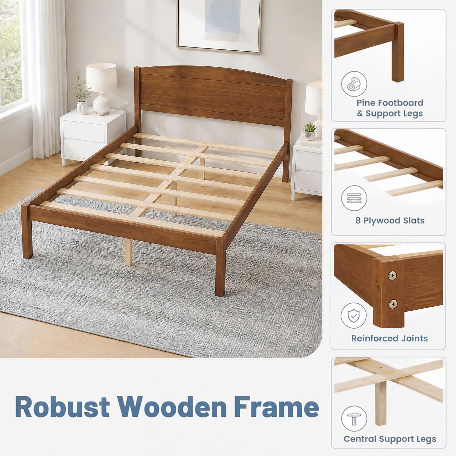 KOMFOTT Full/Twin/King/Queen Size Bed Frame Wooden Platform Bed with Curved Headboard