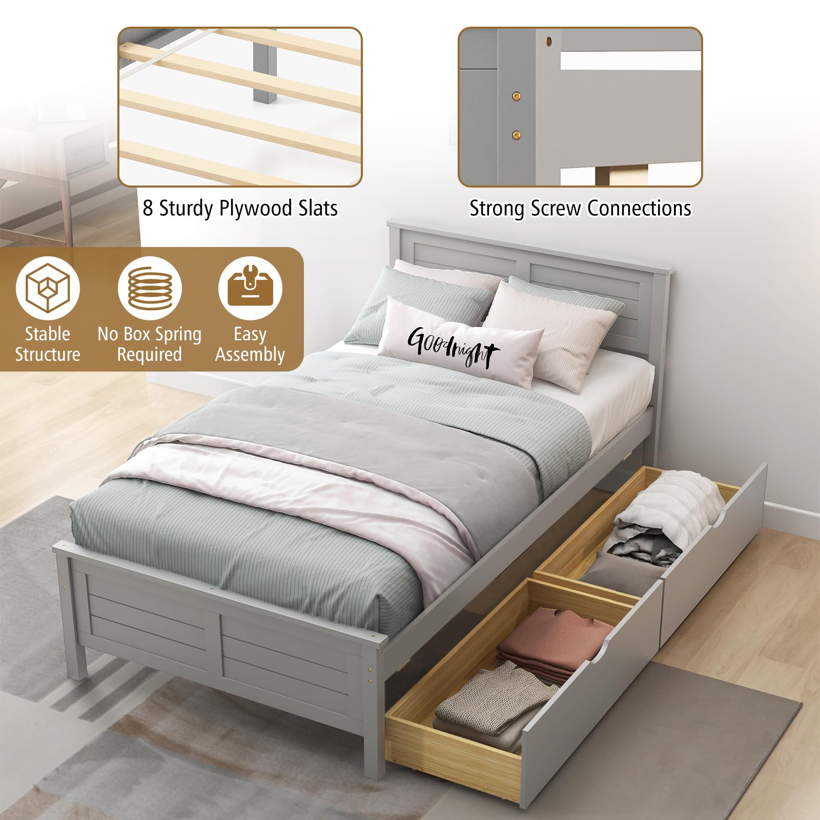 KOMFOTT Wood Bed Frame with 2 Storage Drawers